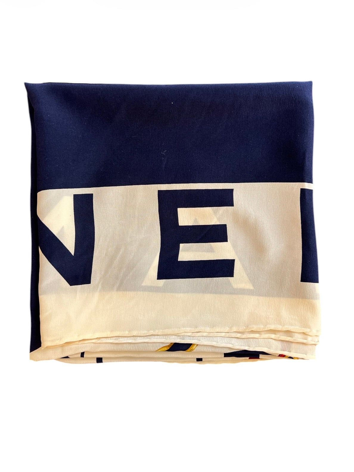 Chanel Blue and White Silk Scarf with Logo