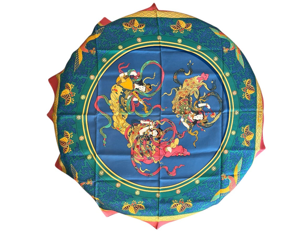 Hermès Blue and Pink Silk Scarf with Floral Patterns