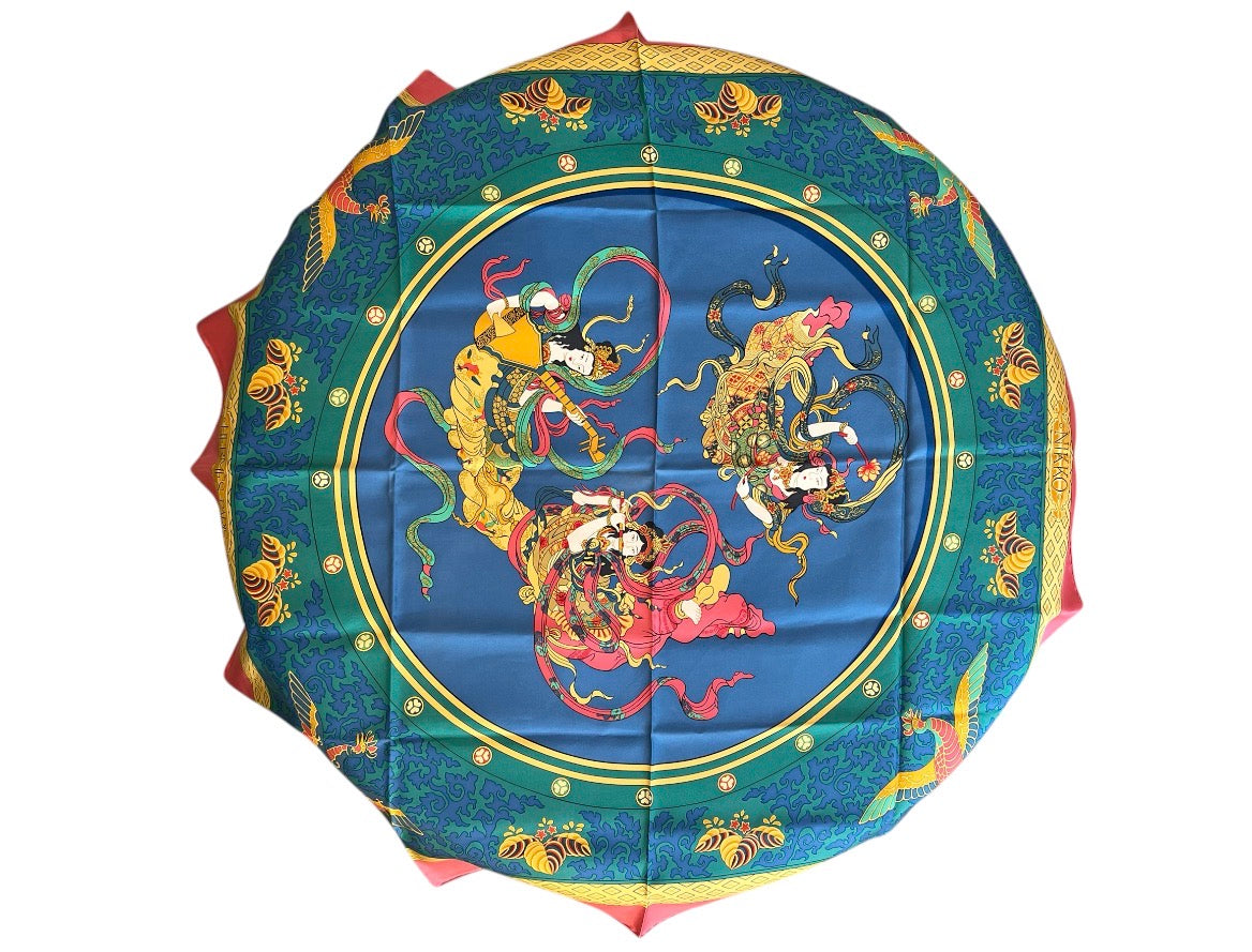 Hermès Blue and Pink Silk Scarf with Floral Patterns