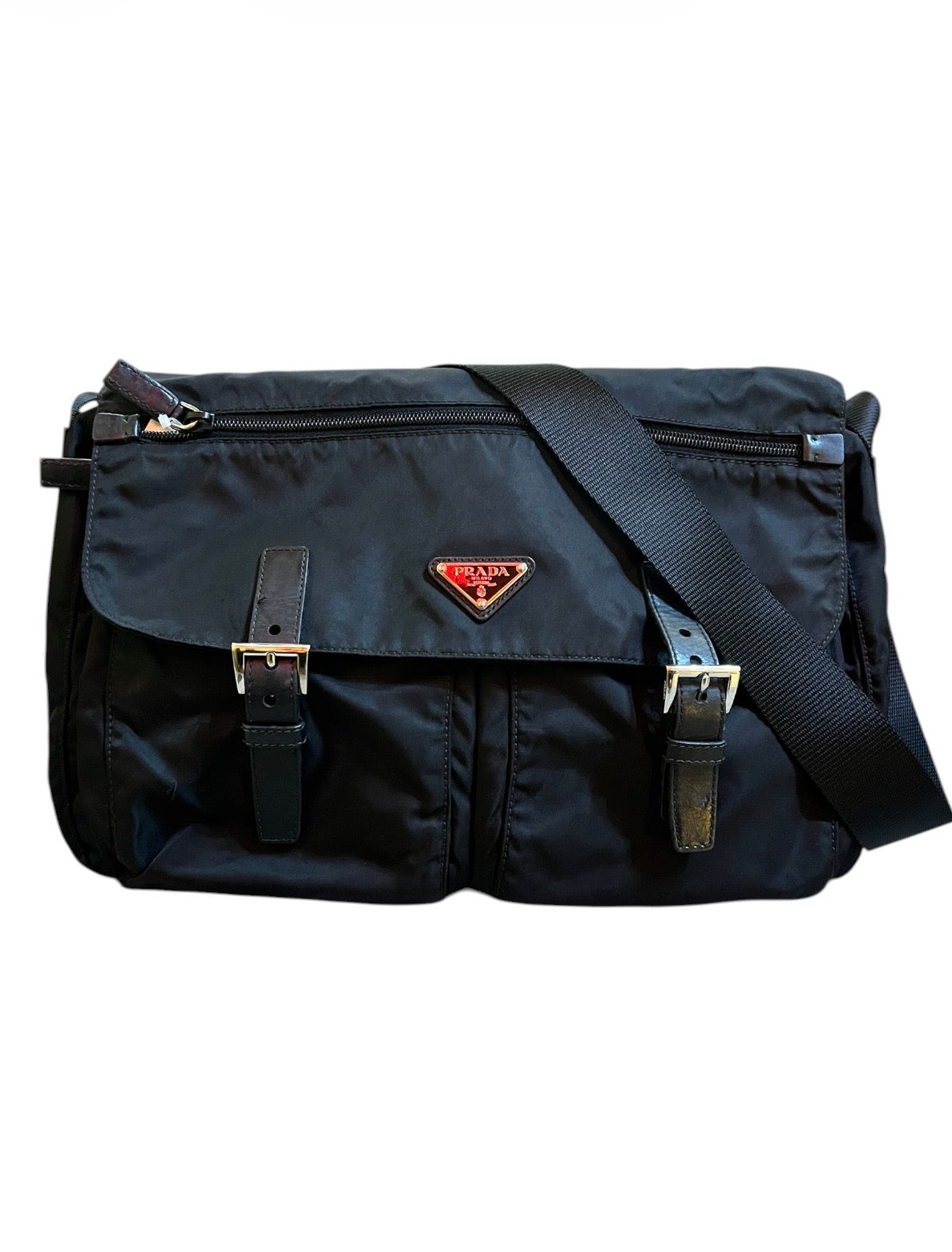 Prada Tessuto Zip Double Buckle Messenger Bag