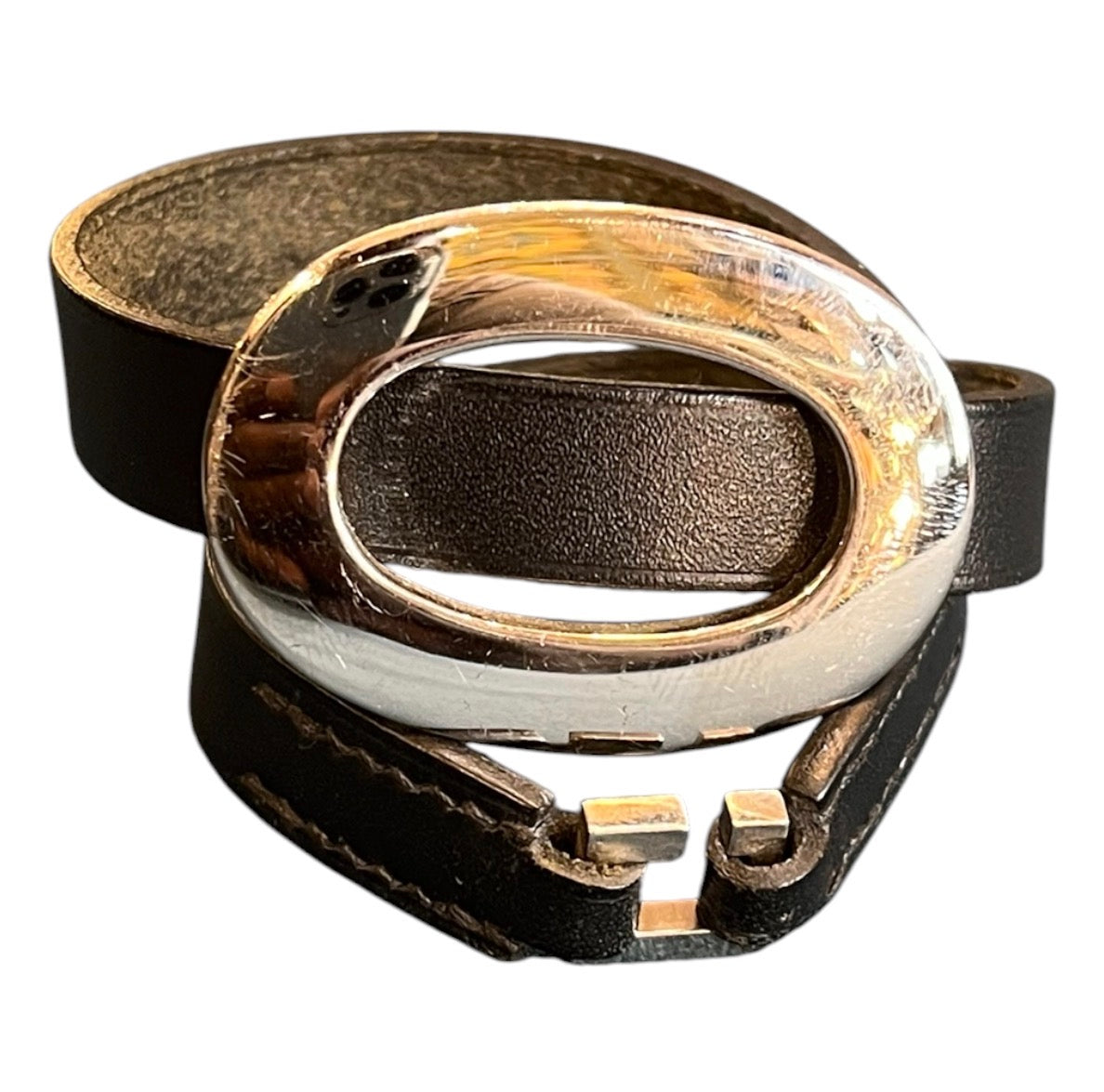 Hermès Double Leather Bracelet in Black with Silver Rings