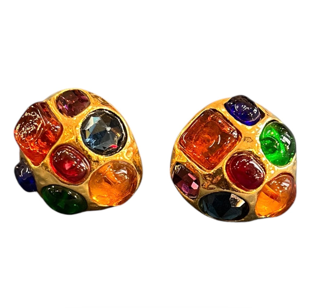 Chanel Earrings Gold Plated Multicolor Cabochon Gripoix Clip On Earrings