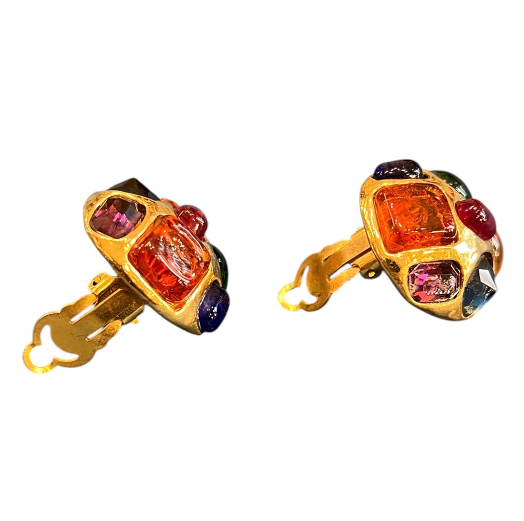 Chanel Earrings Gold Plated Multicolor Cabochon Gripoix Clip On Earrings