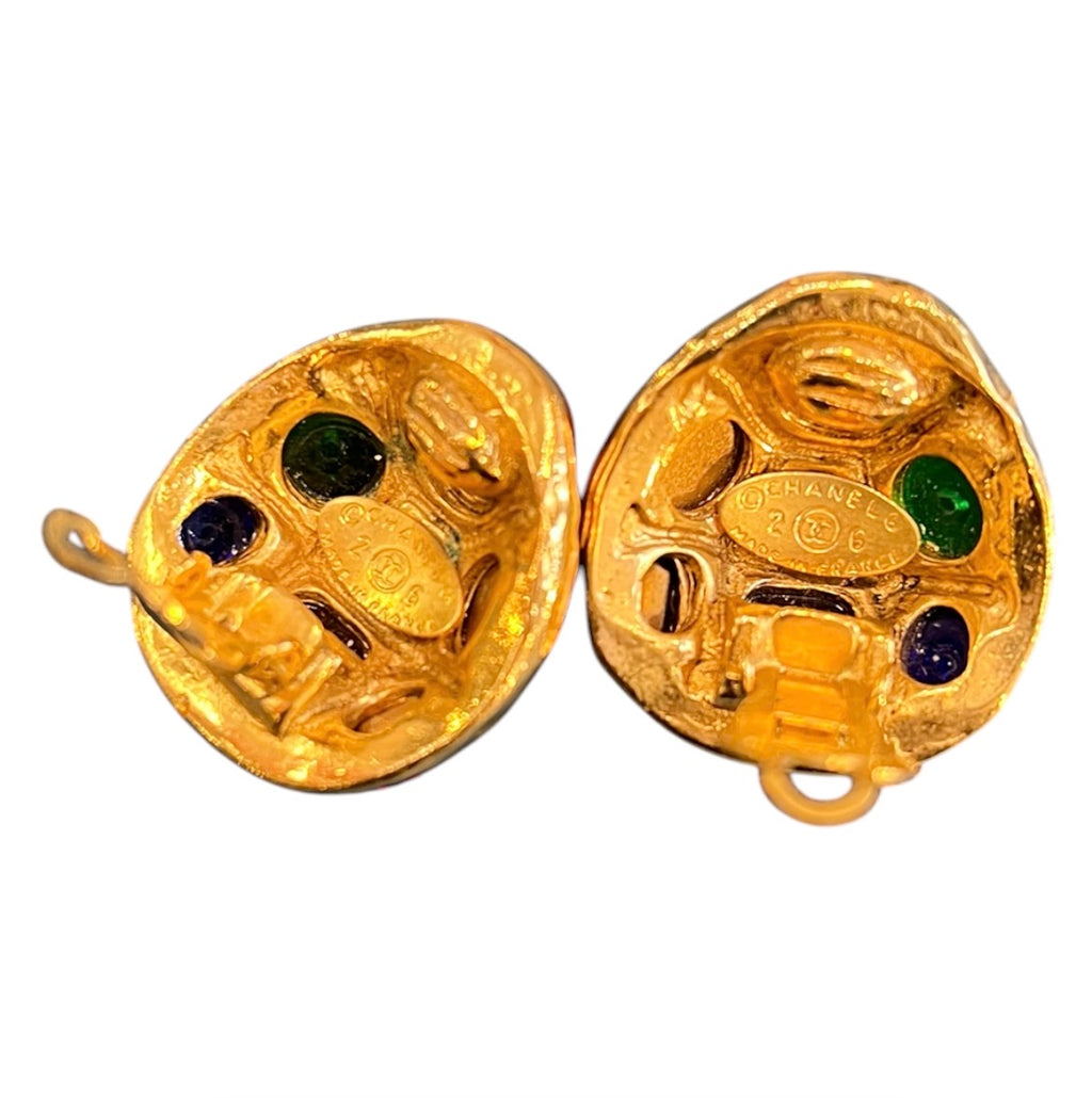 Chanel Earrings Gold Plated Multicolor Cabochon Gripoix Clip On Earrings