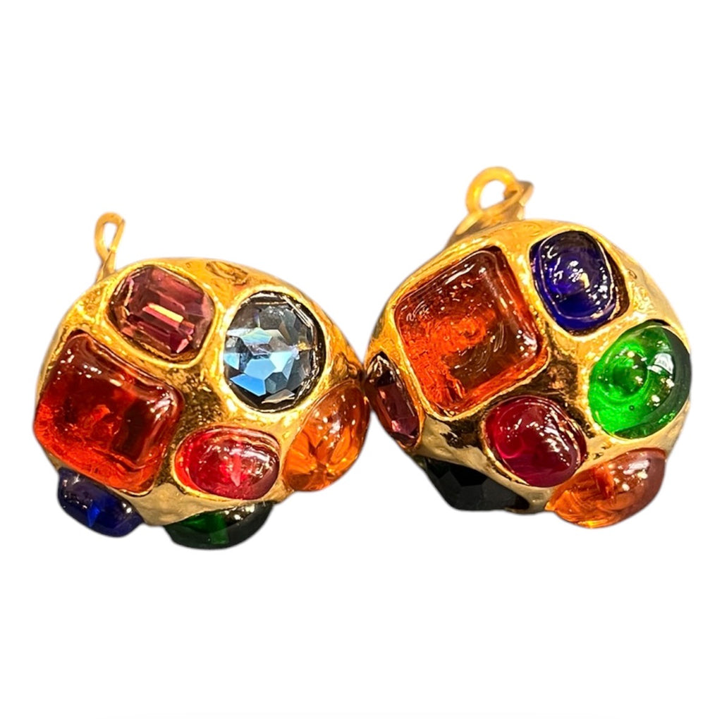 Chanel Earrings Gold Plated Multicolor Cabochon Gripoix Clip On Earrings