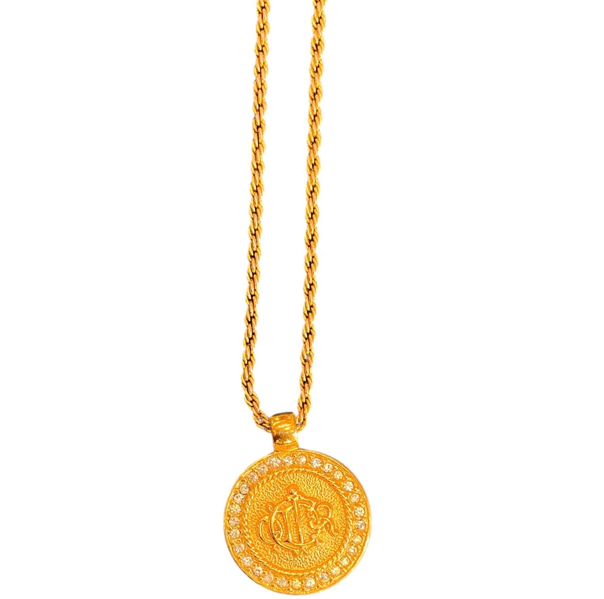 Gold Plated Rhinestone Logo Medallion Pendant Necklace