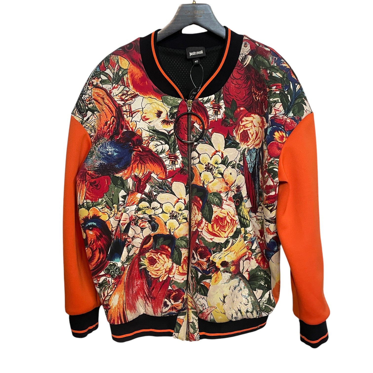 Roberto Cavalli Floral & Bird Print Bomber Jacket – Multicolour with Orange Sleeves, Size IT 40