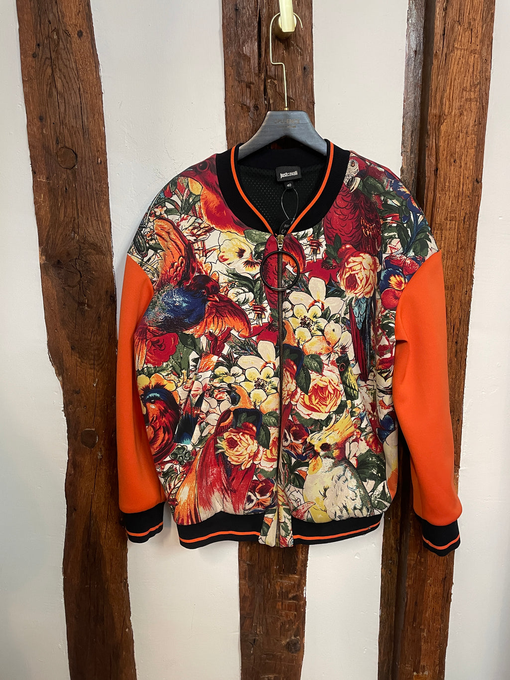 Roberto Cavalli Floral & Bird Print Bomber Jacket – Multicolour with Orange Sleeves, Size IT 40