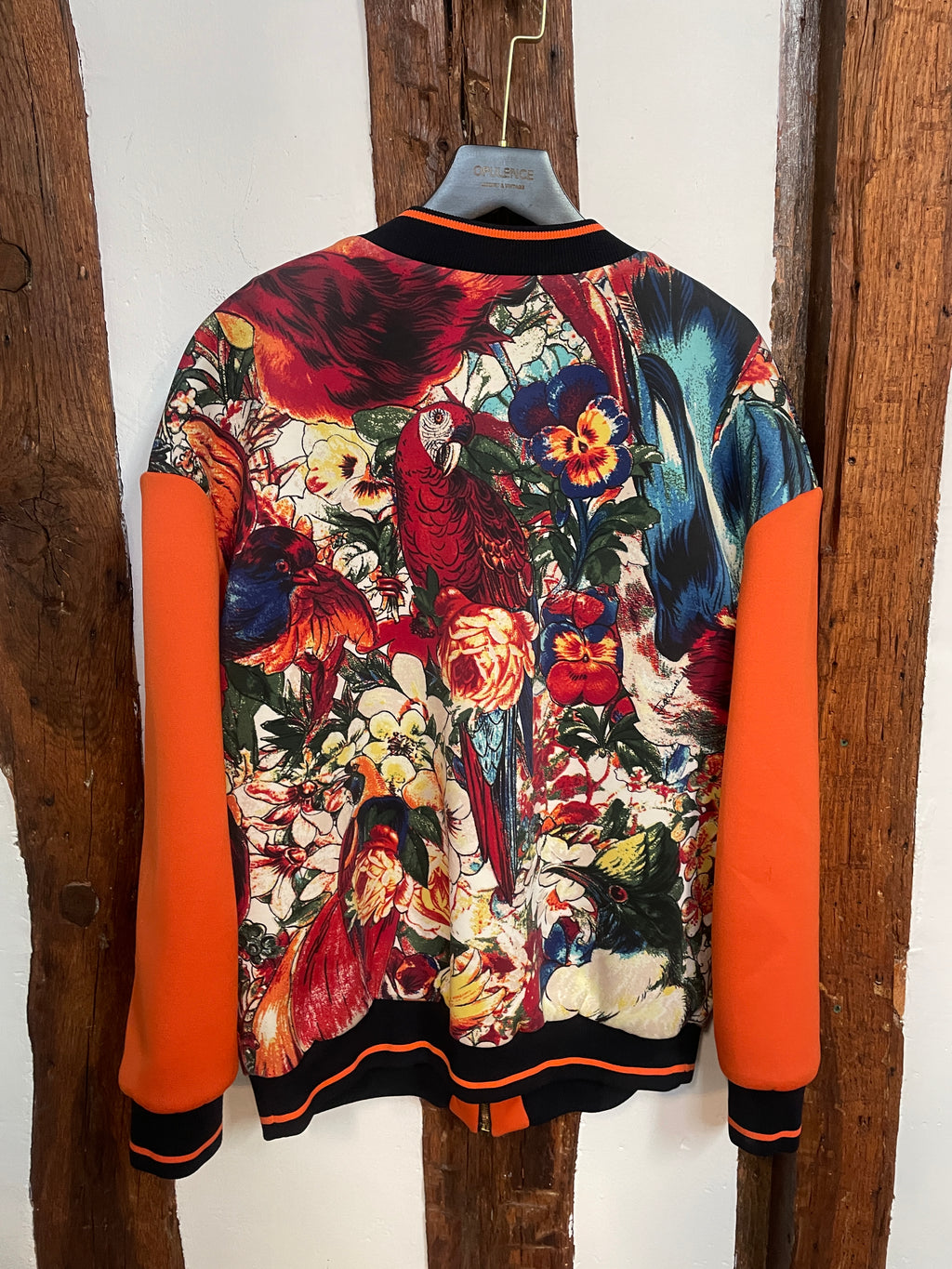 Roberto Cavalli Floral & Bird Print Bomber Jacket – Multicolour with Orange Sleeves, Size IT 40