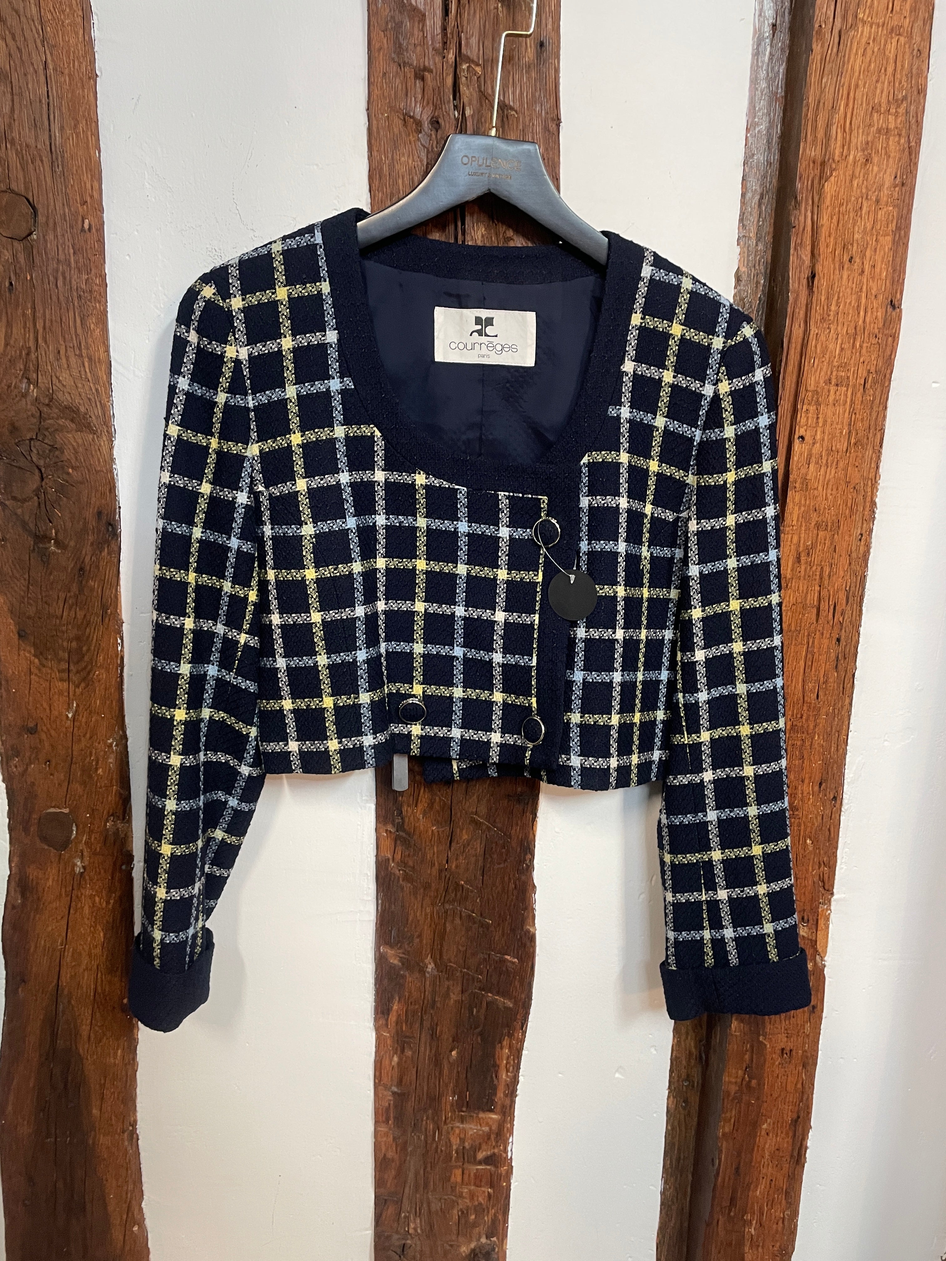 Courrèges Paris Cropped Check Jacket – Navy, Yellow & Grey