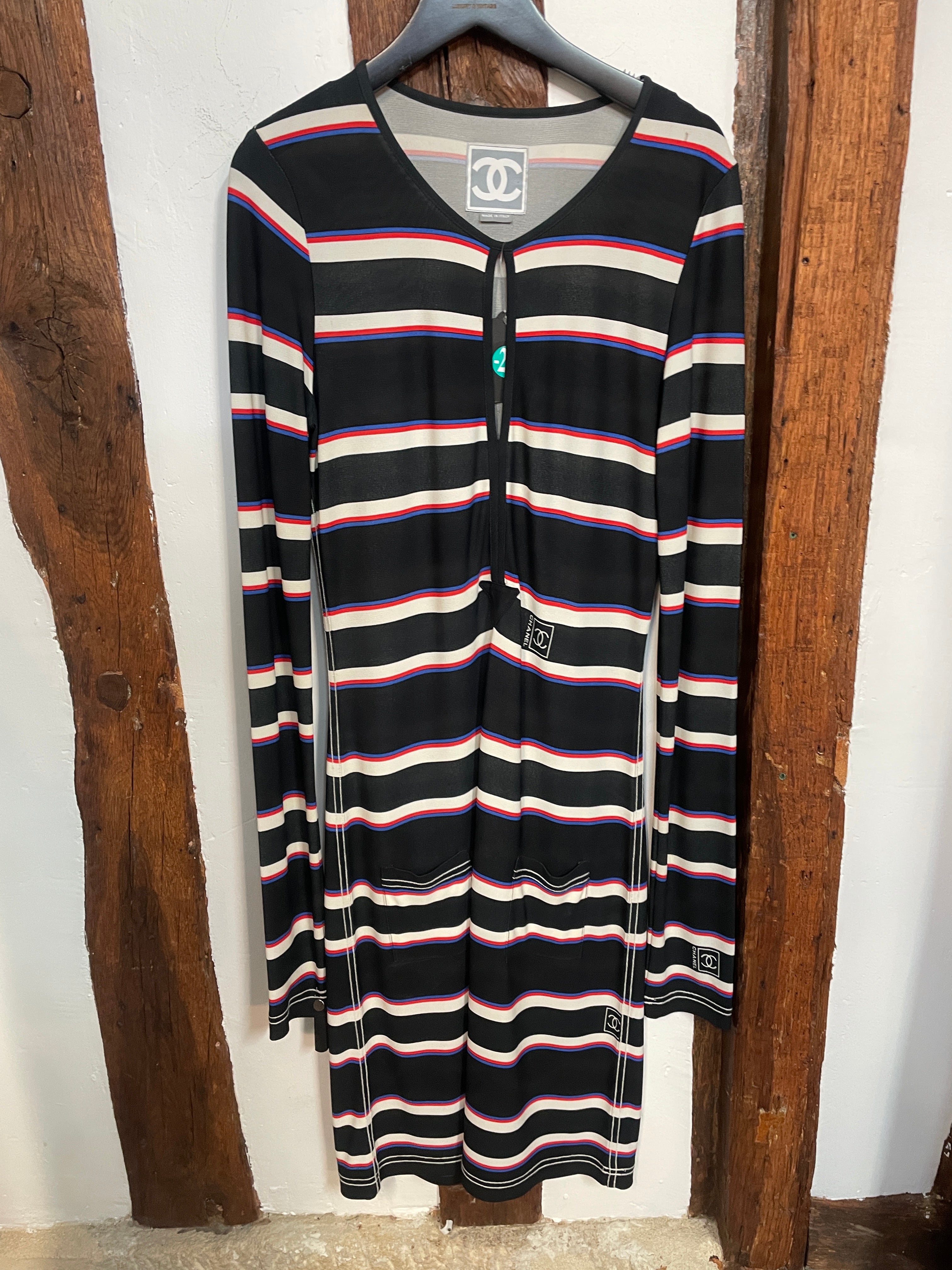 Chanel Long Sleeve Striped Dress – Black, Red & Blue, Made in Italy