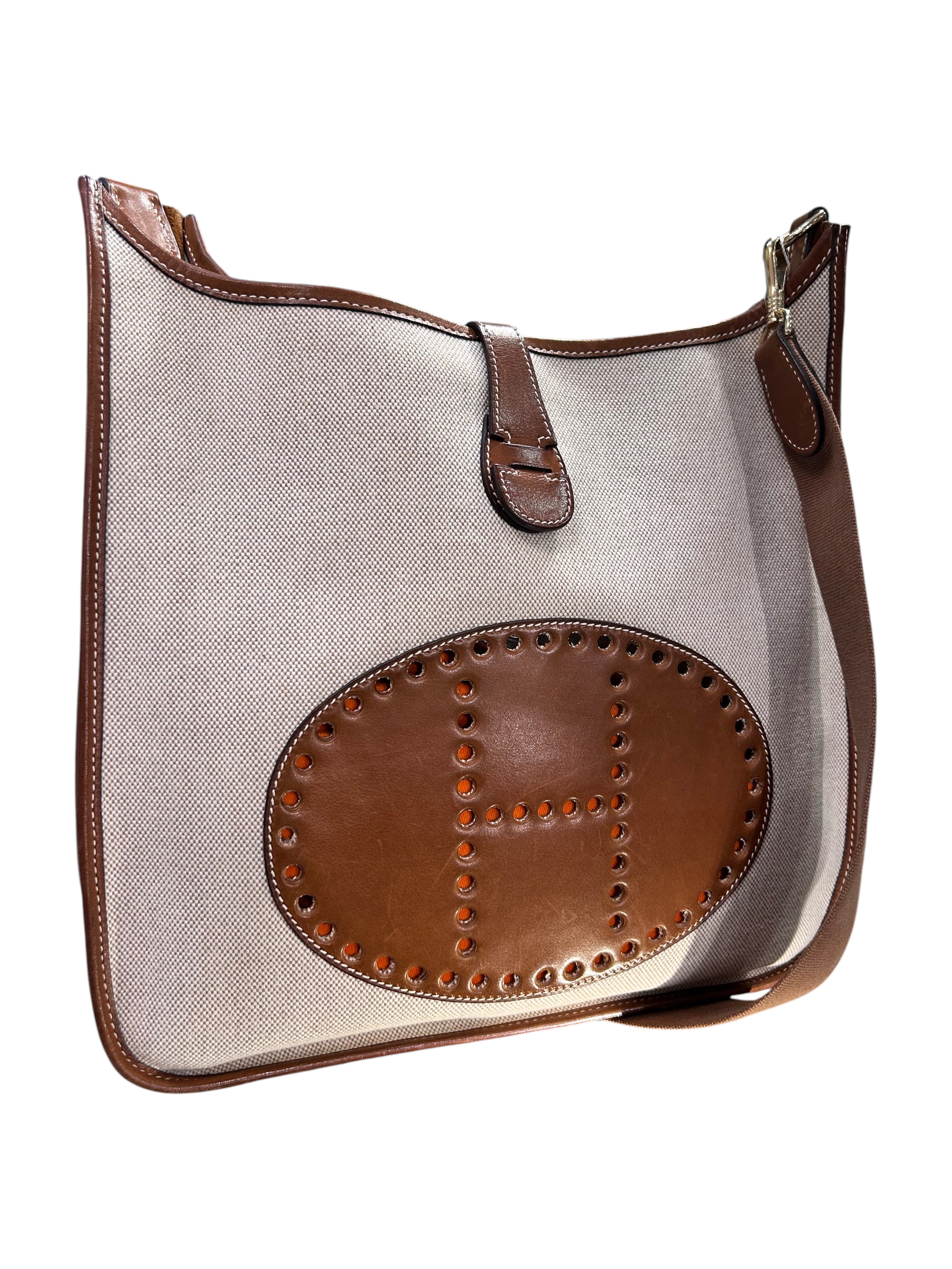 1998 Evelyne Hermes shoulder bag Beige fabric and brown leather