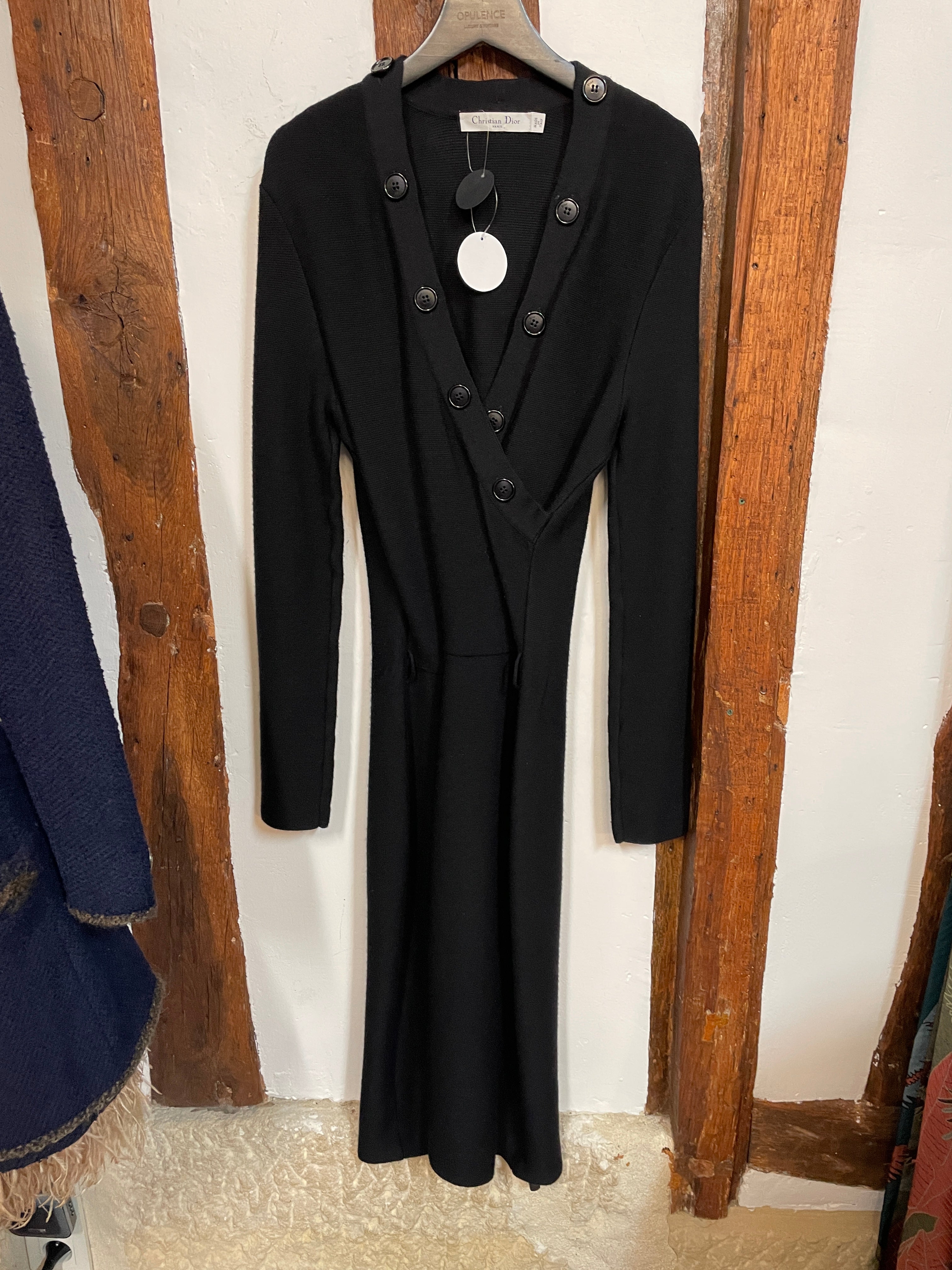 Christian Dior Black Knit Wrap Dress Button Detail Long Sleeve Made in Opulence Vintage Christian Dior Black Knit Wrap Dress Button Detail Long Sleeve Made in Opulence Vintage