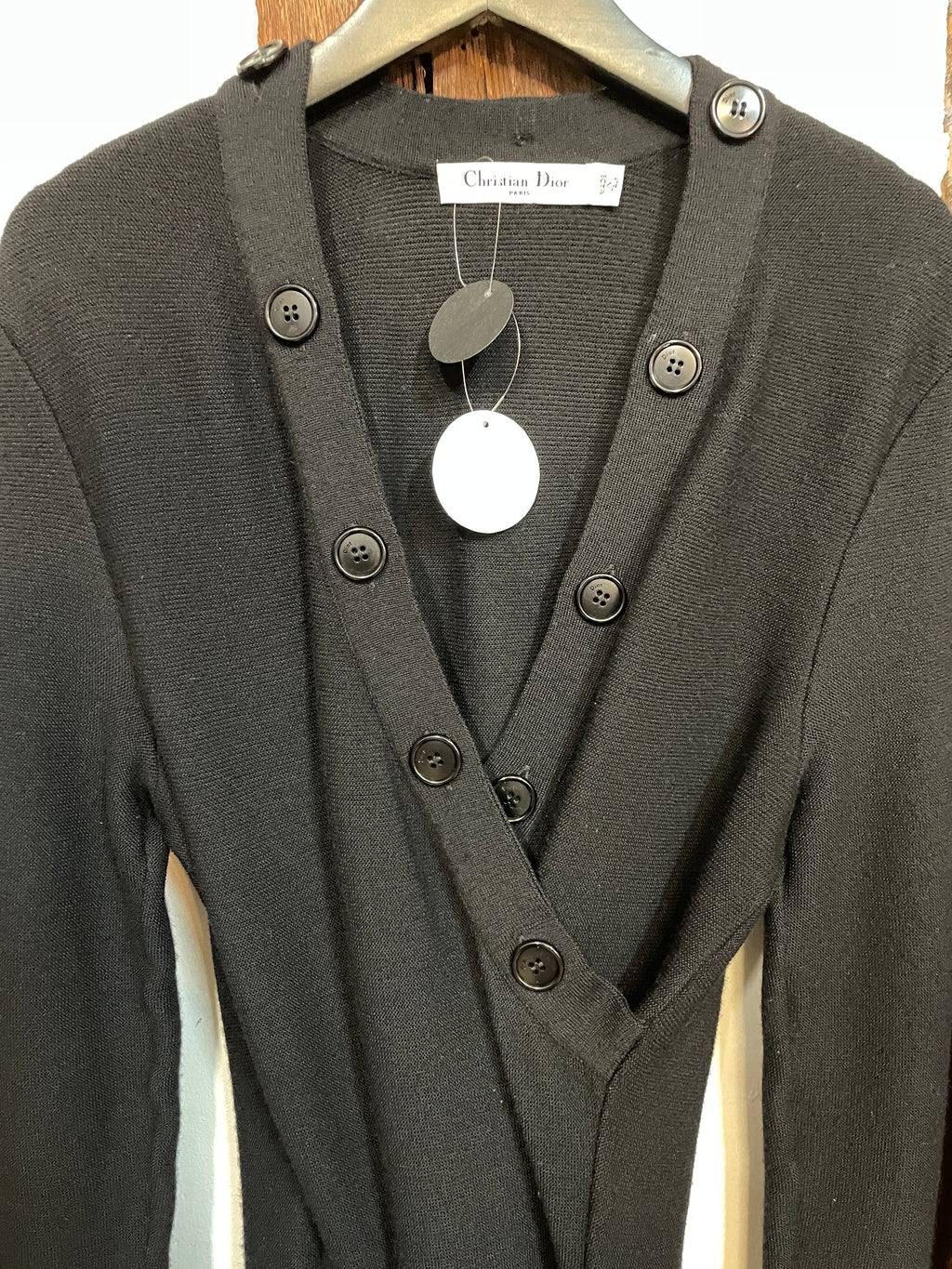 Christian Dior Black Knit Wrap Dress Button Detail Long Sleeve Made in Italy