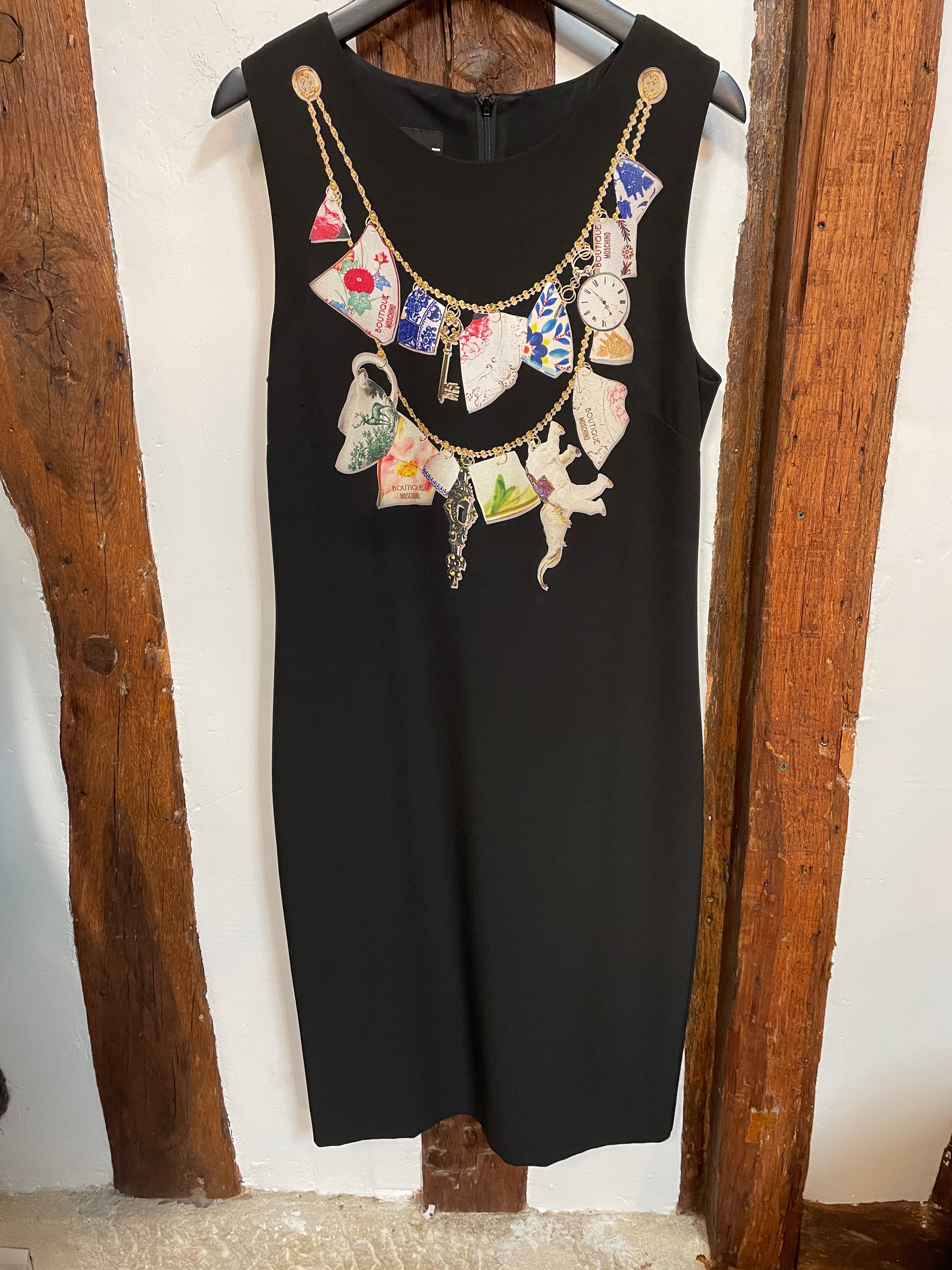 Boutique Moschino Black Sleeveless Dress Trompe L’Oeil Necklace Print