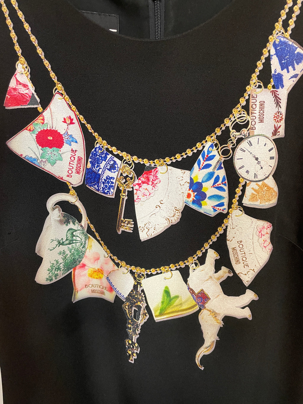 Boutique Moschino Black Sleeveless Dress Trompe L’Oeil Necklace Print