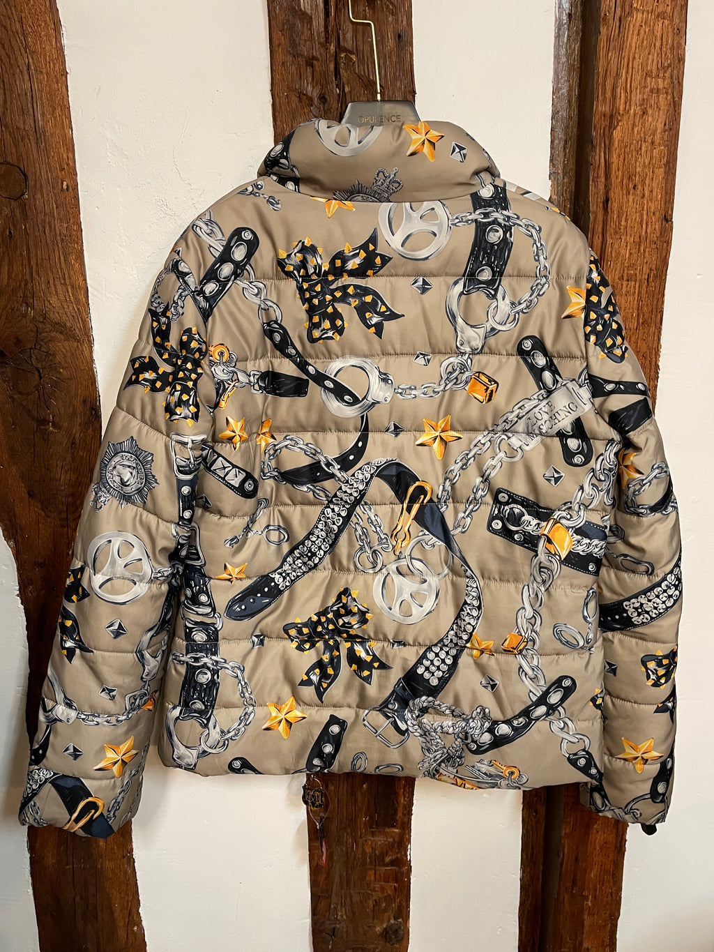 Love Moschino Printed Puffer Jacket Chain Belt Graphic Gold Hardware IT 40