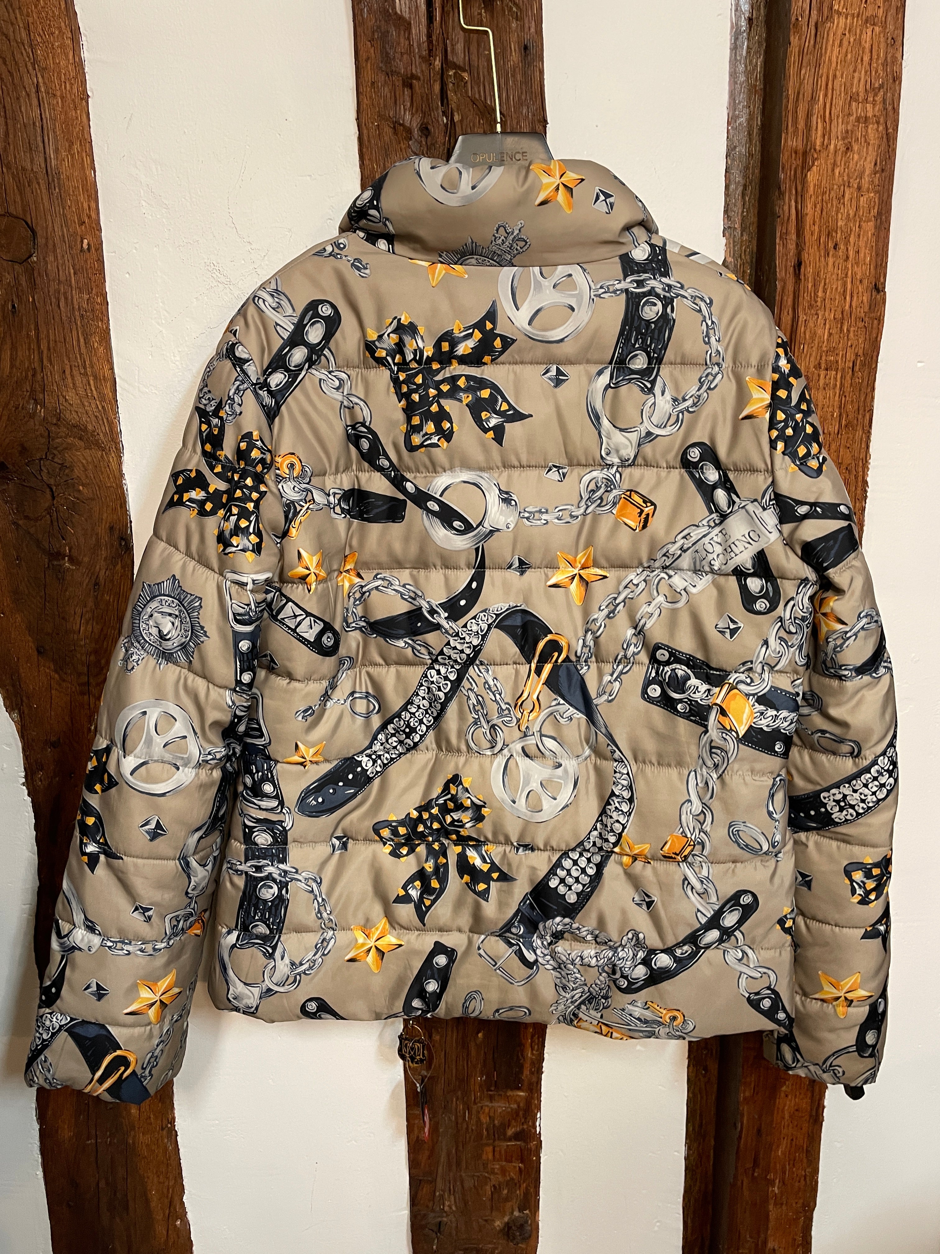Love Moschino Printed Puffer Jacket Chain Belt Graphic Gold Hardware IT 40