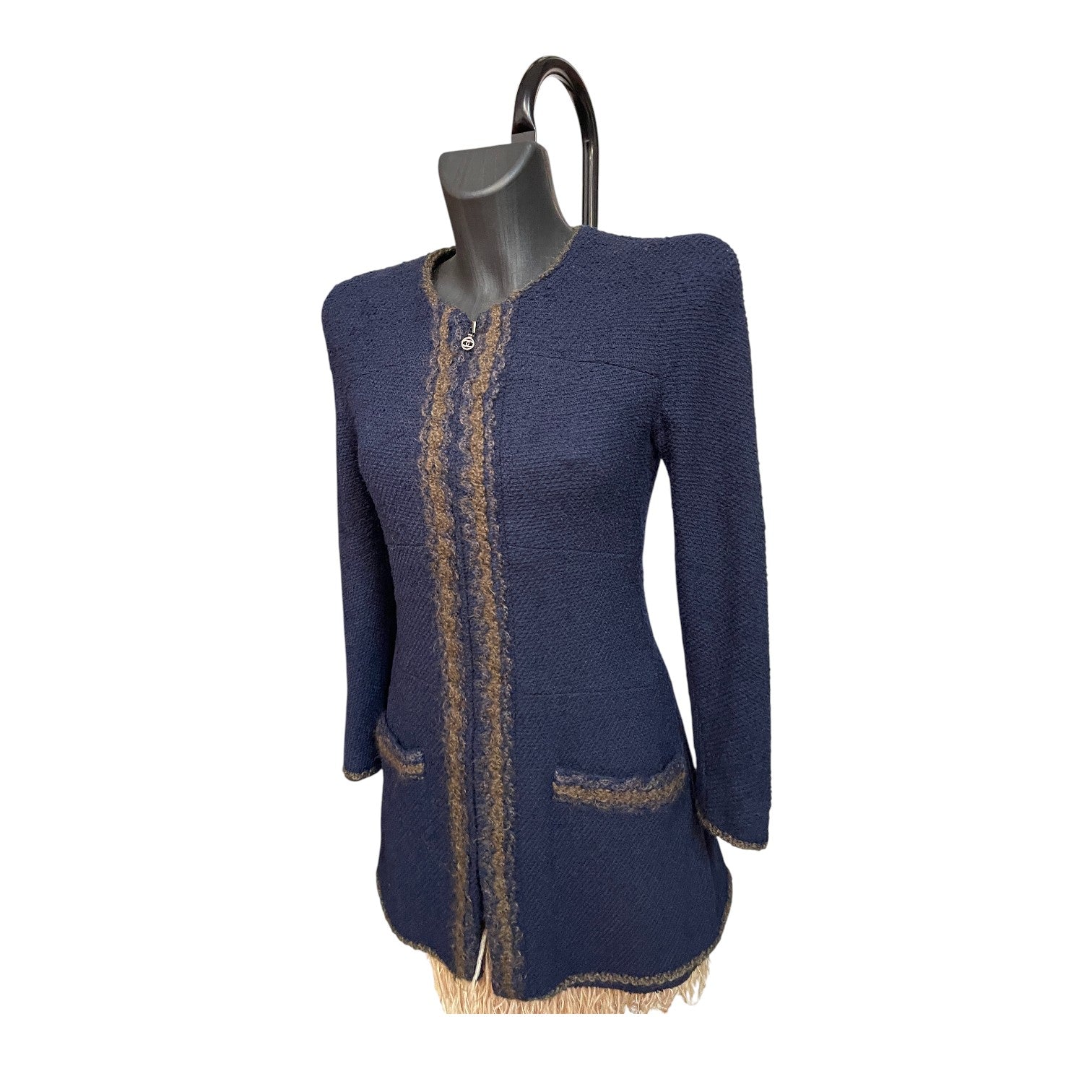 Chanel Boutique Navy Bouclé Knit Jacket CC Zip Longline Made in France 38