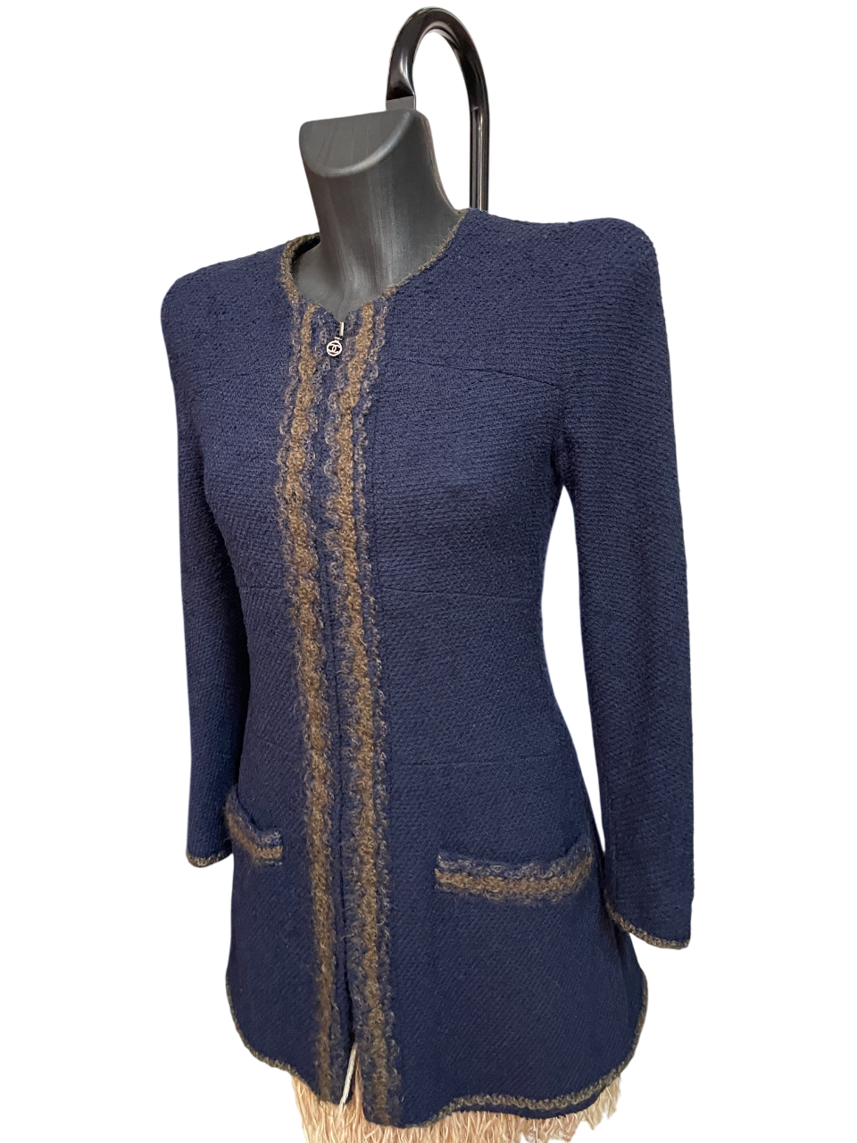 Chanel Boutique Navy Bouclé Knit Jacket CC Zip