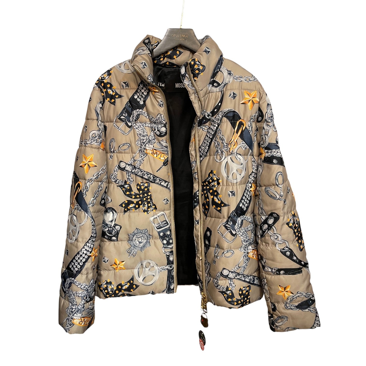 Love Moschino Printed Puffer Jacket Chain Belt Graphic Gold Hardware IT 40