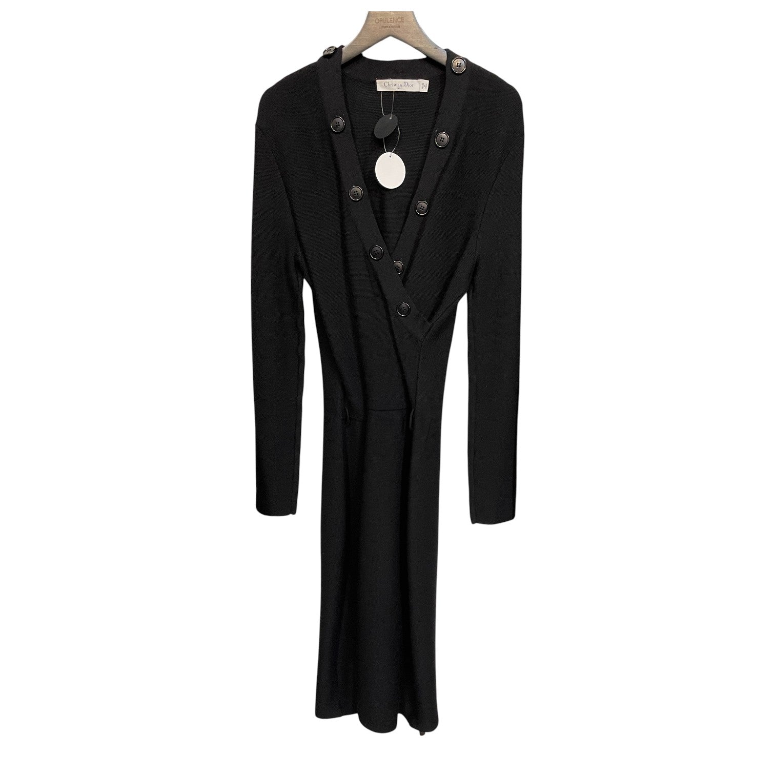 Christian Dior Black Knit Wrap Dress Button Detail Long Sleeve Made in Opulence Vintage Christian Dior Black Knit Wrap Dress Button Detail Long Sleeve Made in Opulence Vintage