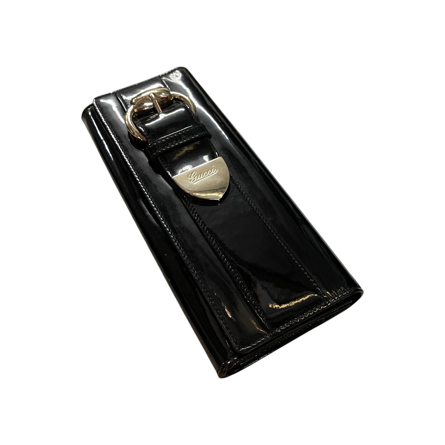 Gucci Black Patent Leather Clutch Gold Horsebit Hardware Evening Bag