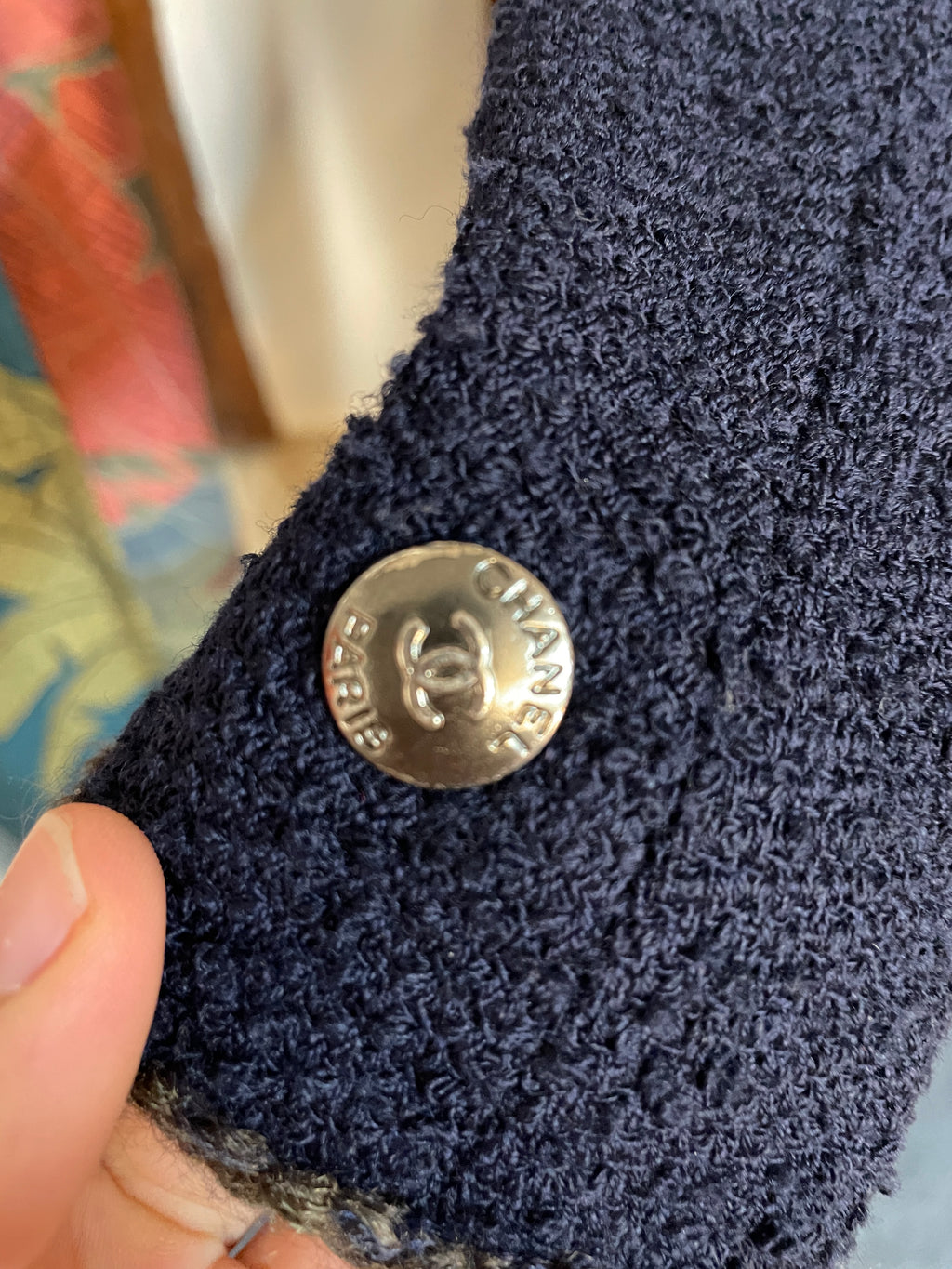 Chanel Boutique Navy Bouclé Knit Jacket CC Zip