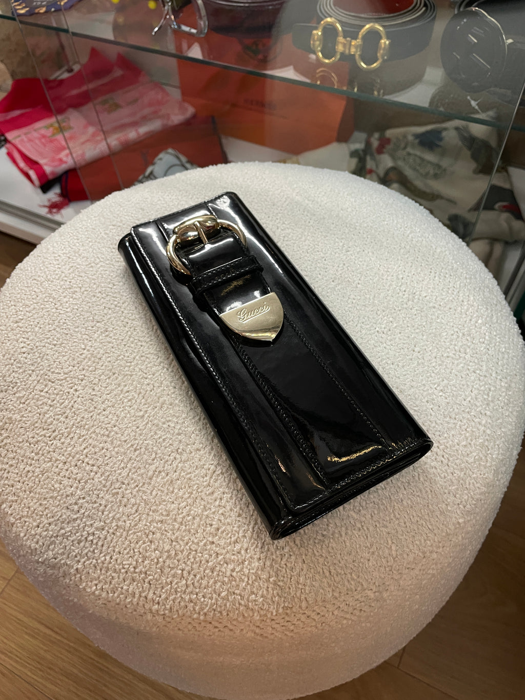 Gucci Black Patent Leather Clutch Gold Horsebit Hardware Evening Bag