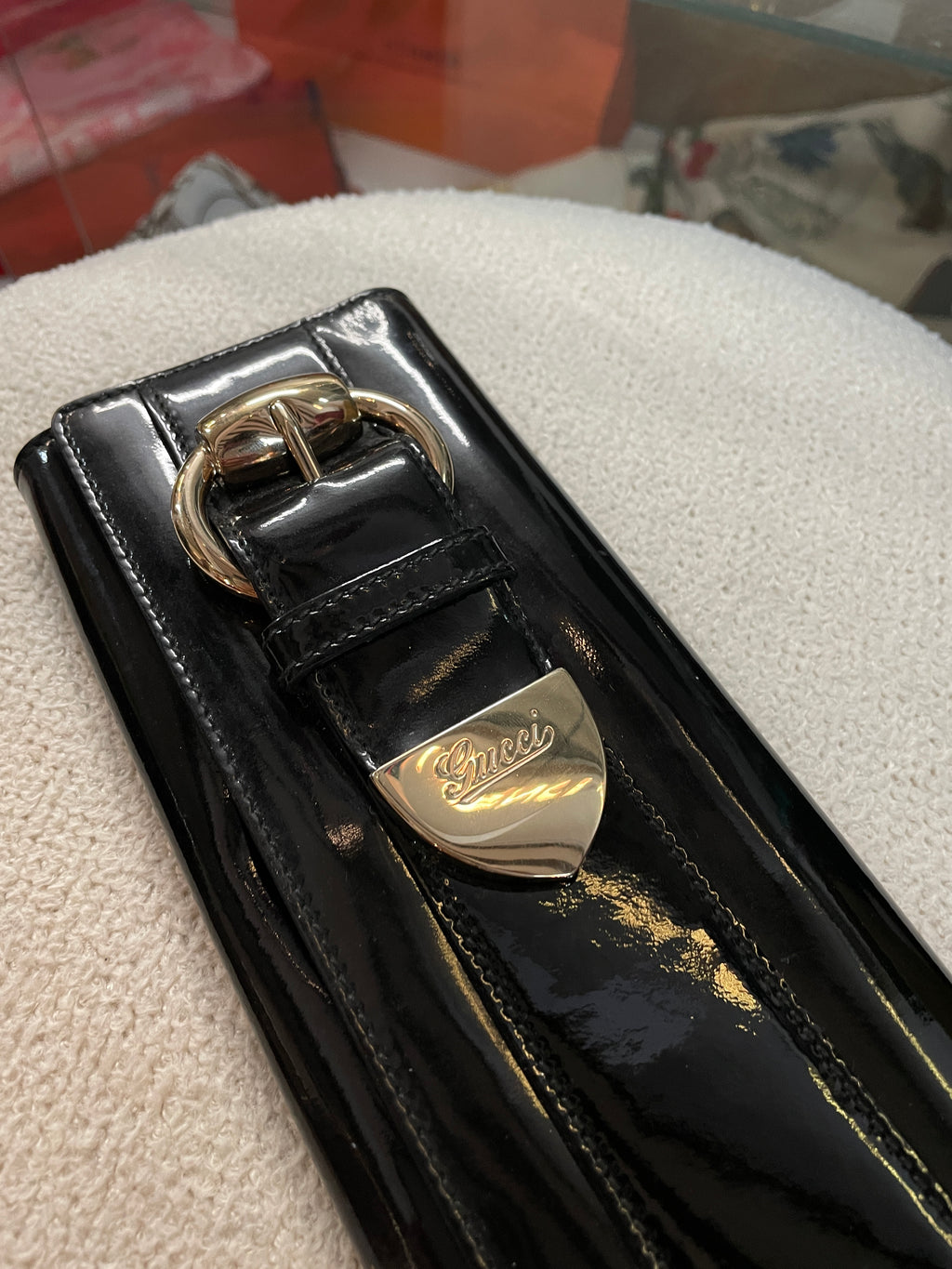 Gucci Black Patent Leather Clutch Gold Horsebit Hardware Evening Bag