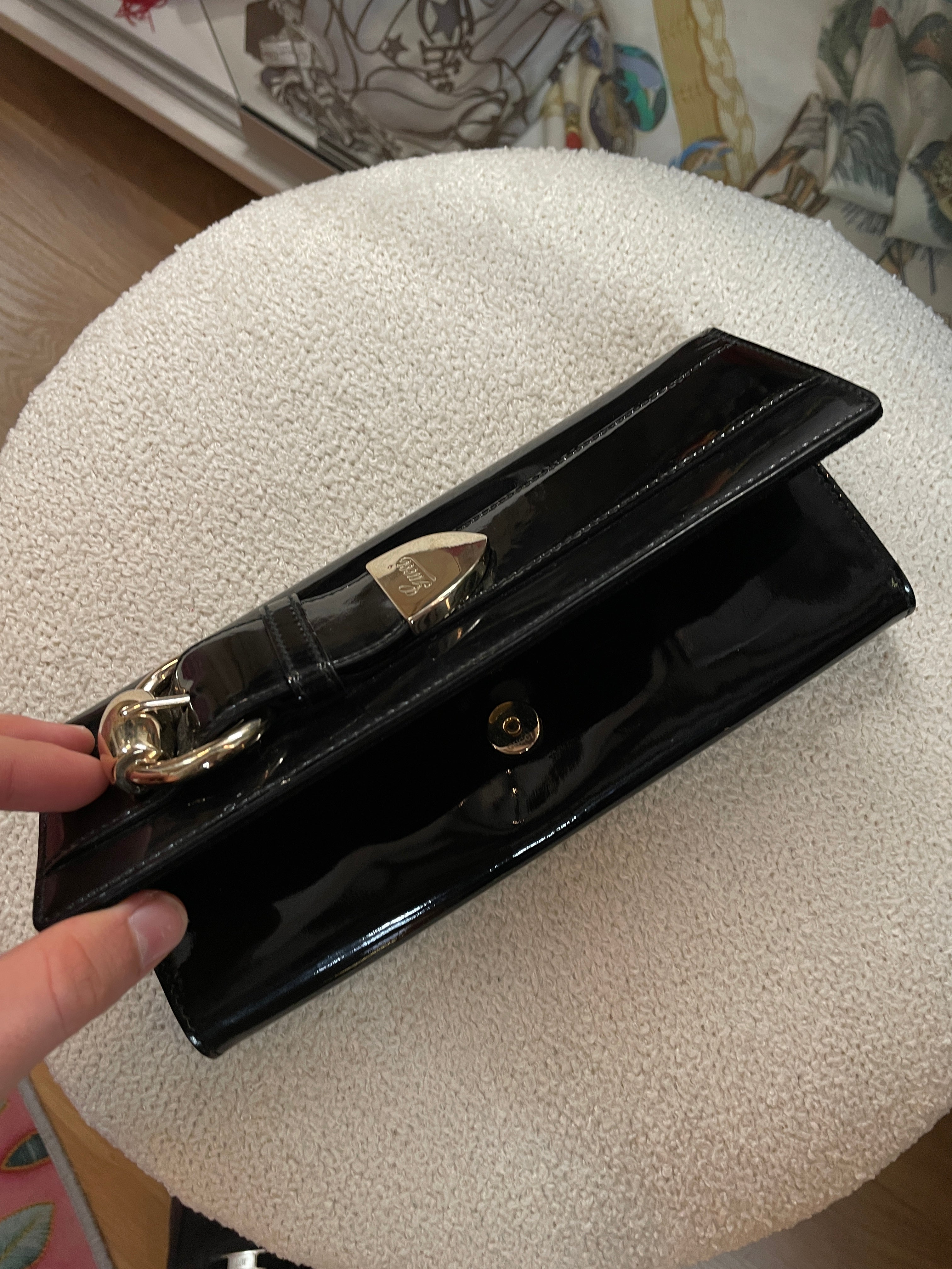 Gucci Black Patent Leather Clutch Gold Horsebit Hardware Evening Bag