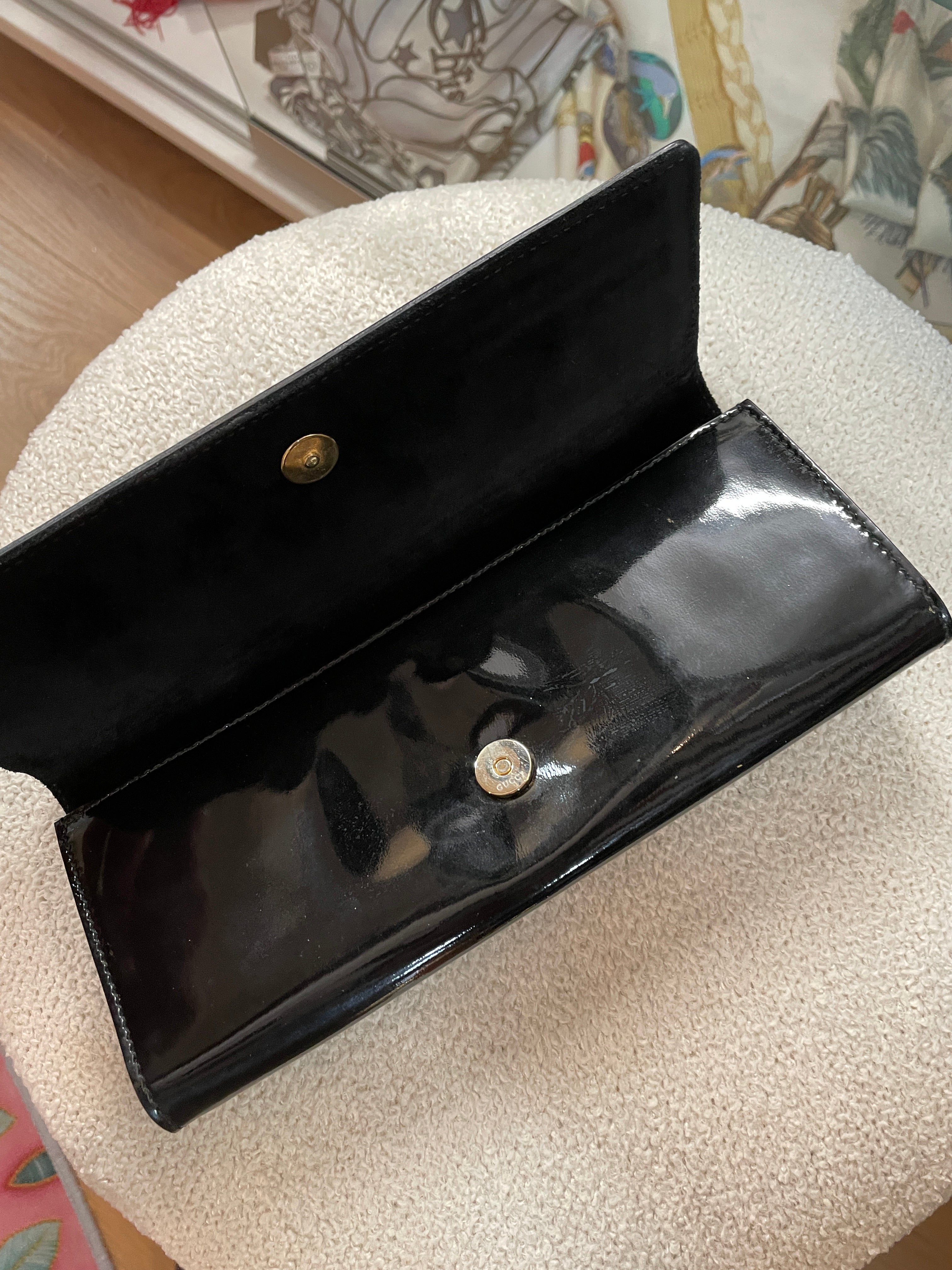 Gucci Black Patent Leather Clutch Gold Horsebit Hardware Evening Bag