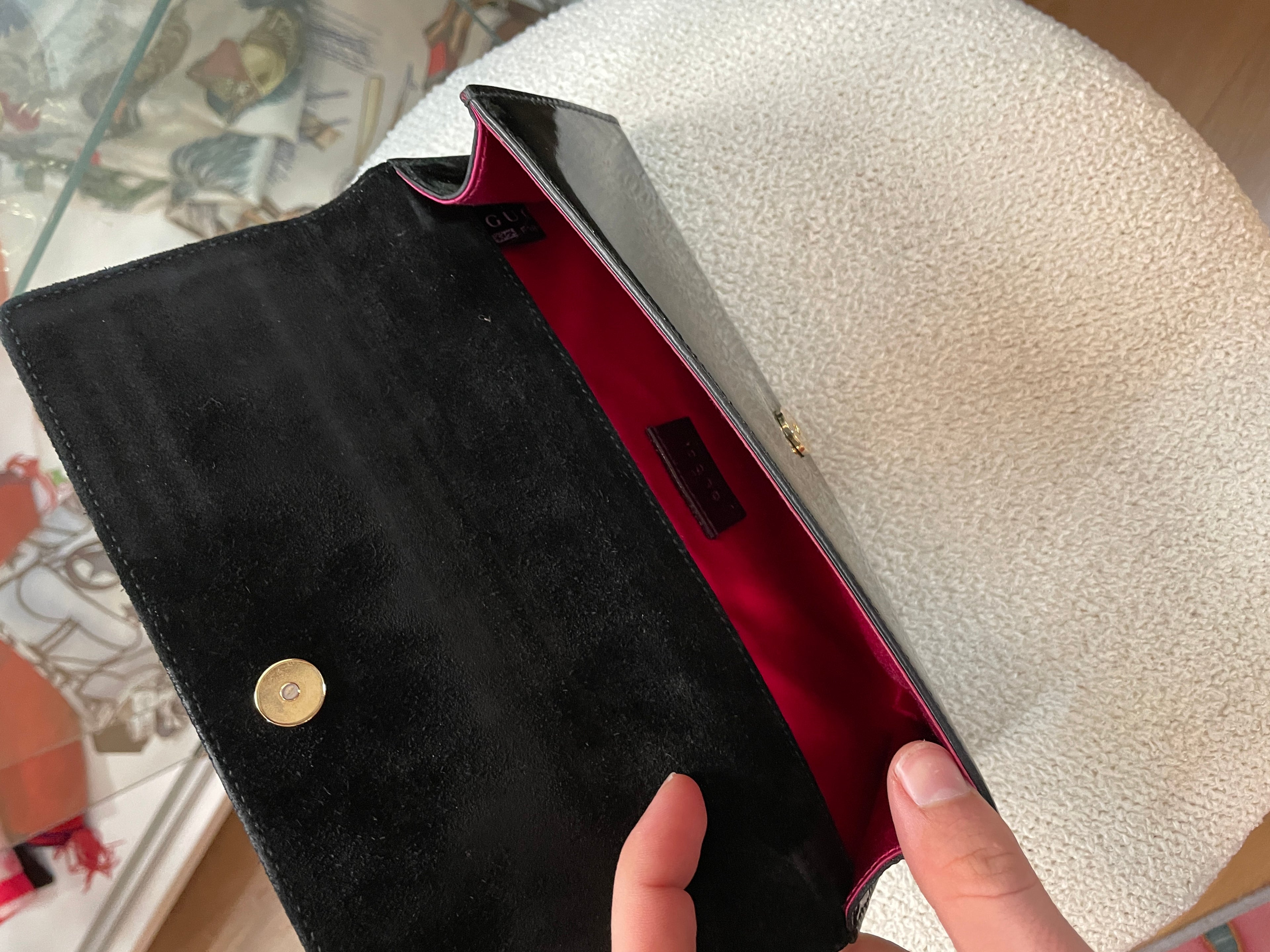 Gucci Black Patent Leather Clutch Gold Horsebit Hardware Evening Bag