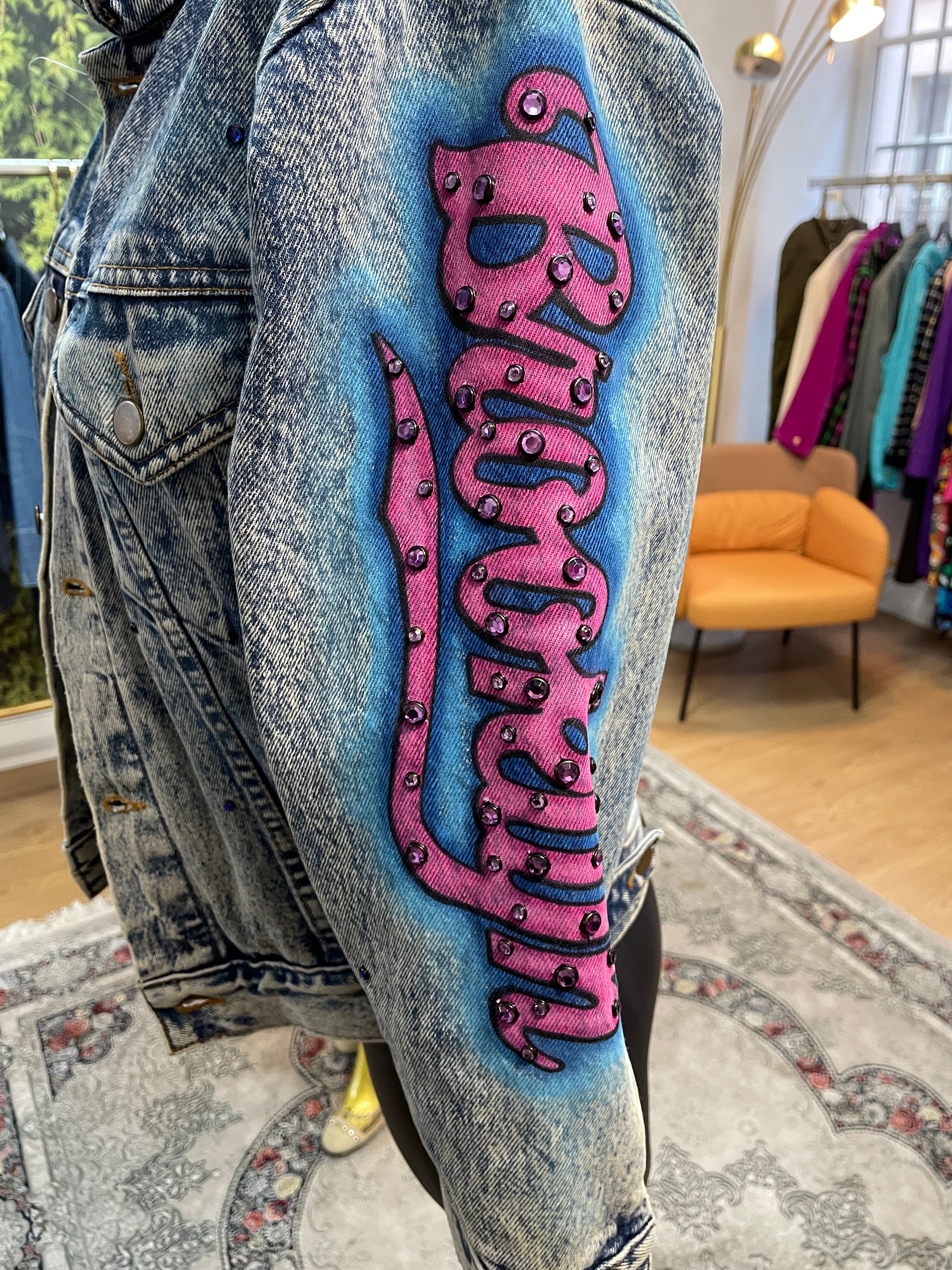 Vintage Tony Alamo Brooklyn Hand-Painted Rhinestone Denim Jacket Rare 80s