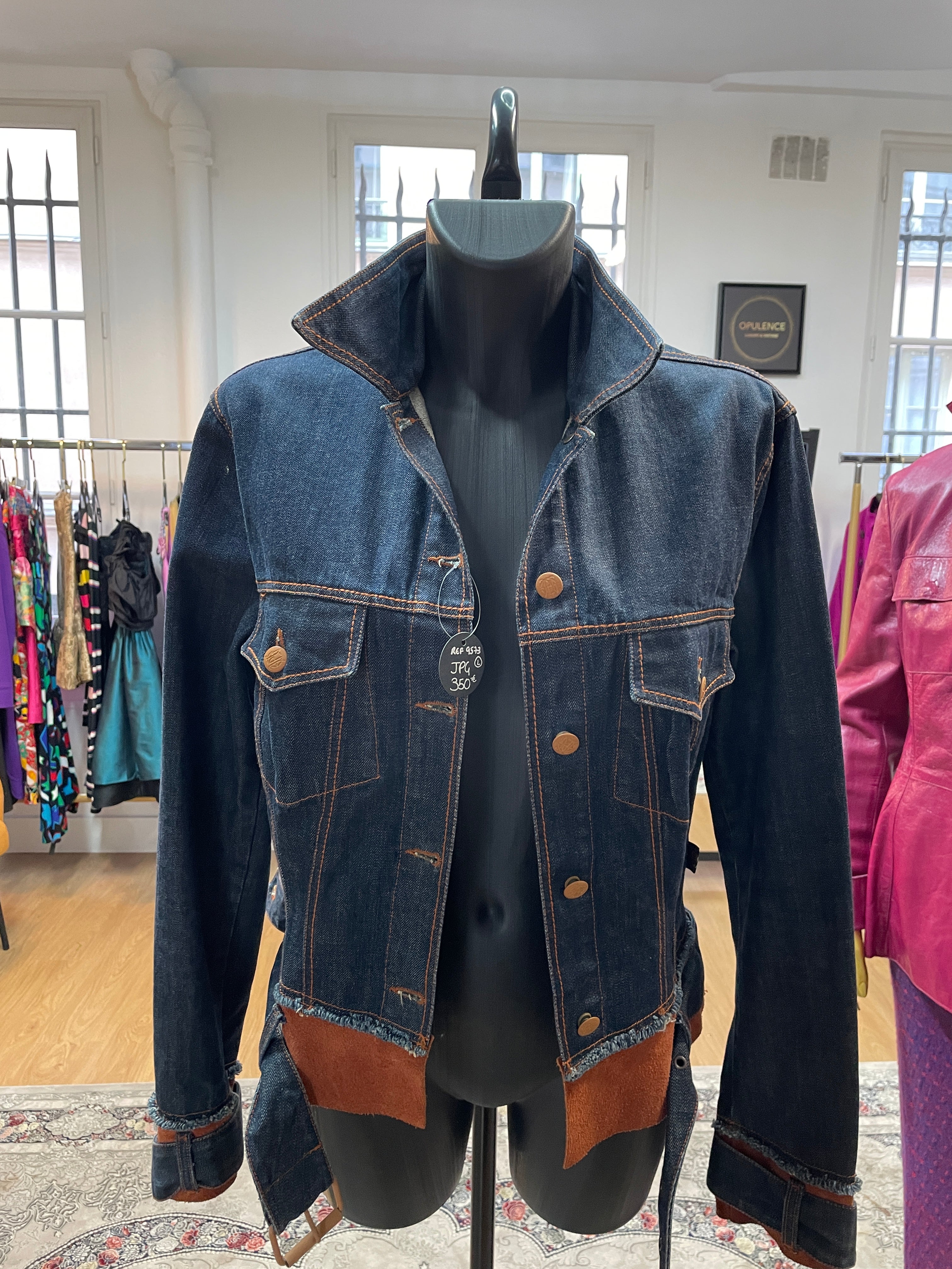 Vintage JPG Jean’s Denim Jacket Leather Trim Size 46 Jean Paul Gaultier Style