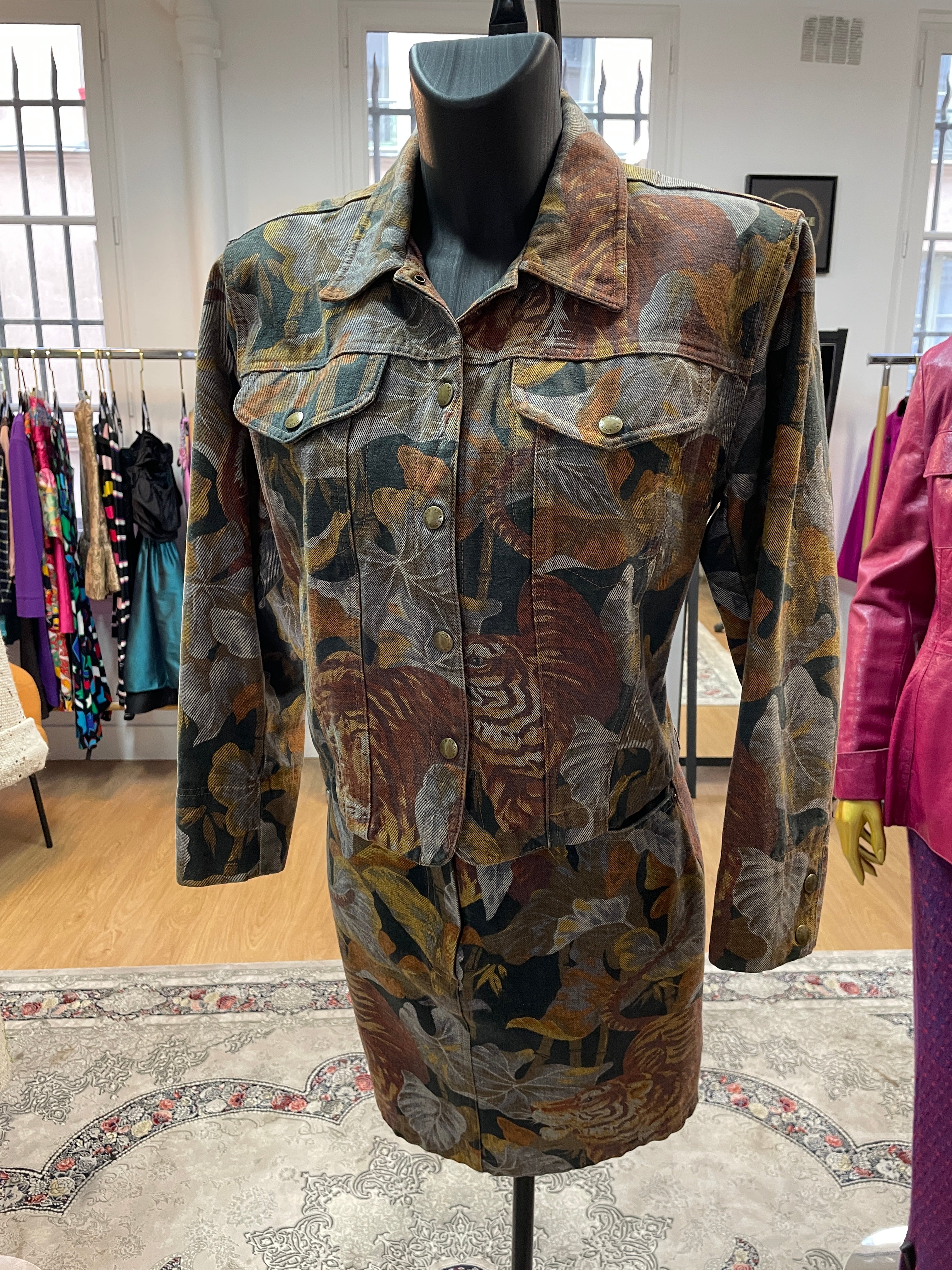 Vintage Kenzo Tiger Print Jacket & Skirt Set Size S Rare 90s Designer Suit