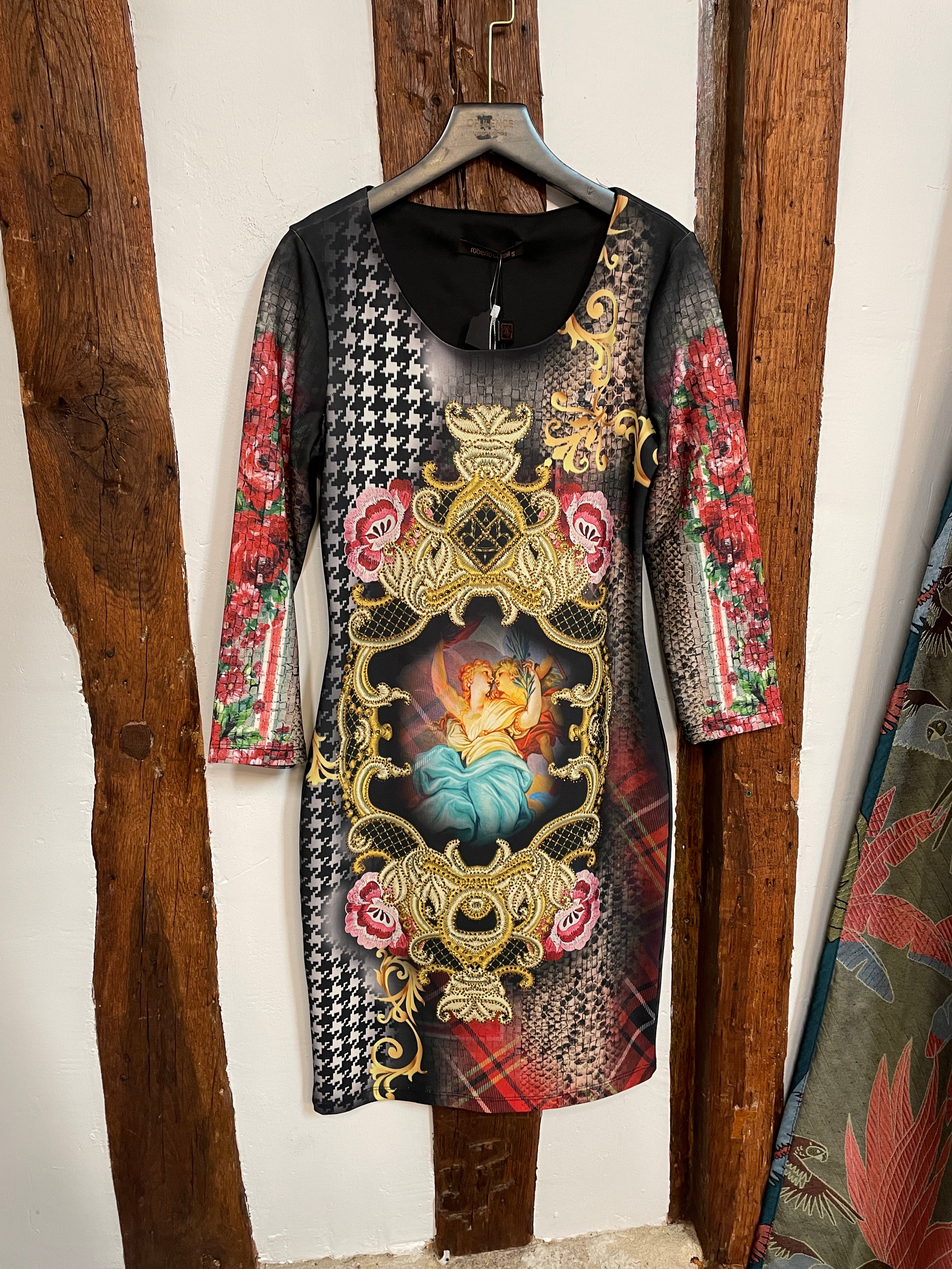 Roberto Cavalli Baroque Crystal-Embellished Print Dress – Iconic Statement Piece