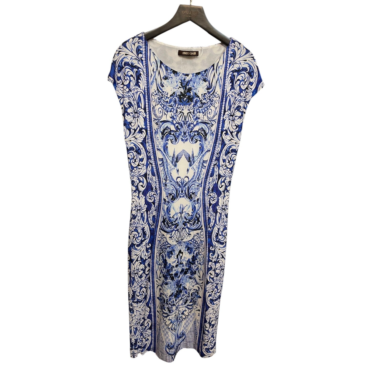 Roberto Cavalli Blue Baroque Print Dress Size IT44 Vintage Italian Designer Midi Dress Porcelain Pattern Elegant Statement Piece