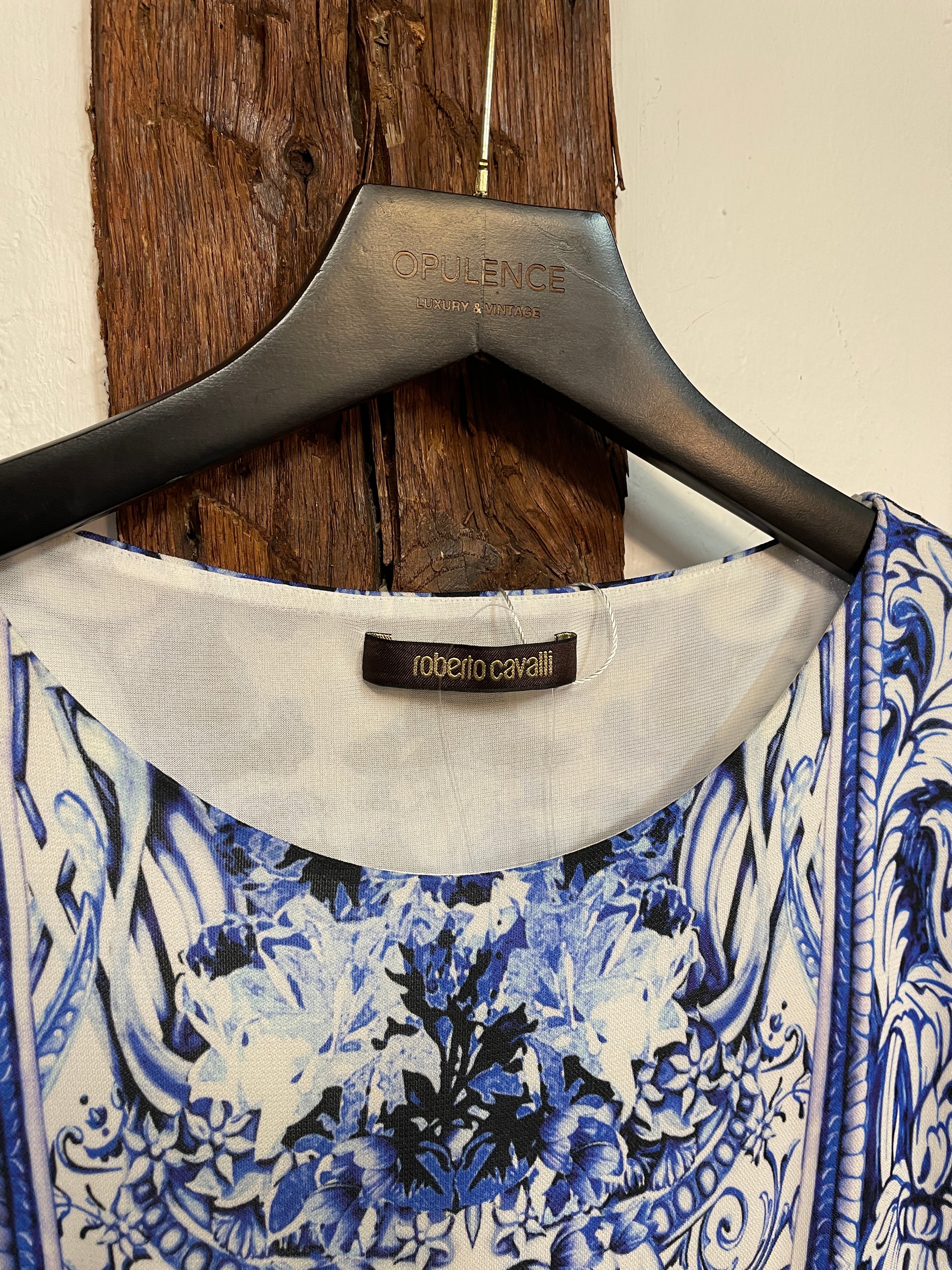 Roberto Cavalli Blue Baroque Print Dress Size IT44 Vintage Italian Designer Midi Dress Porcelain Pattern Elegant Statement Piece