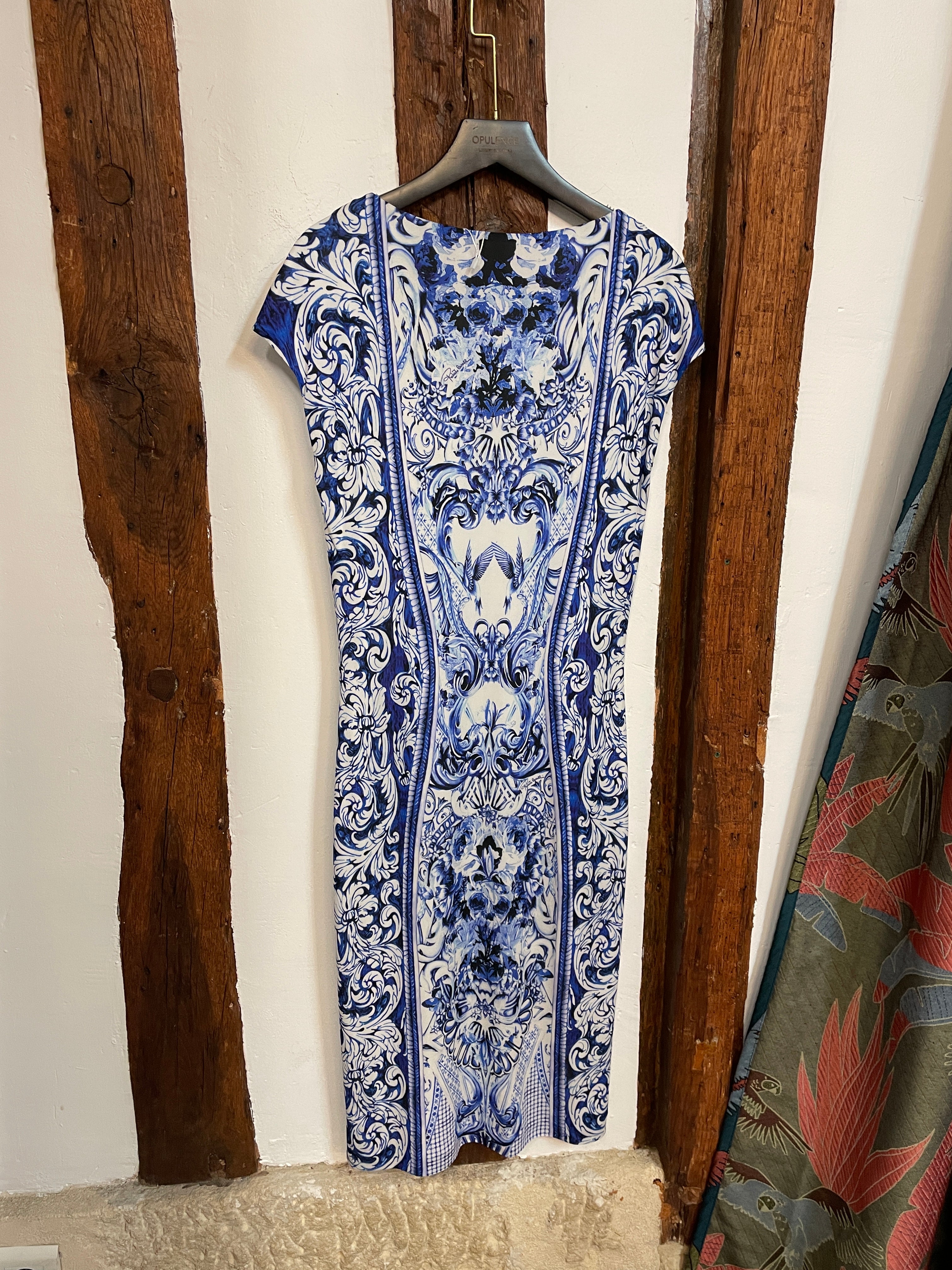 Roberto Cavalli Blue Baroque Print Dress Size IT44 Vintage Italian Designer Midi Dress Porcelain Pattern Elegant Statement Piece