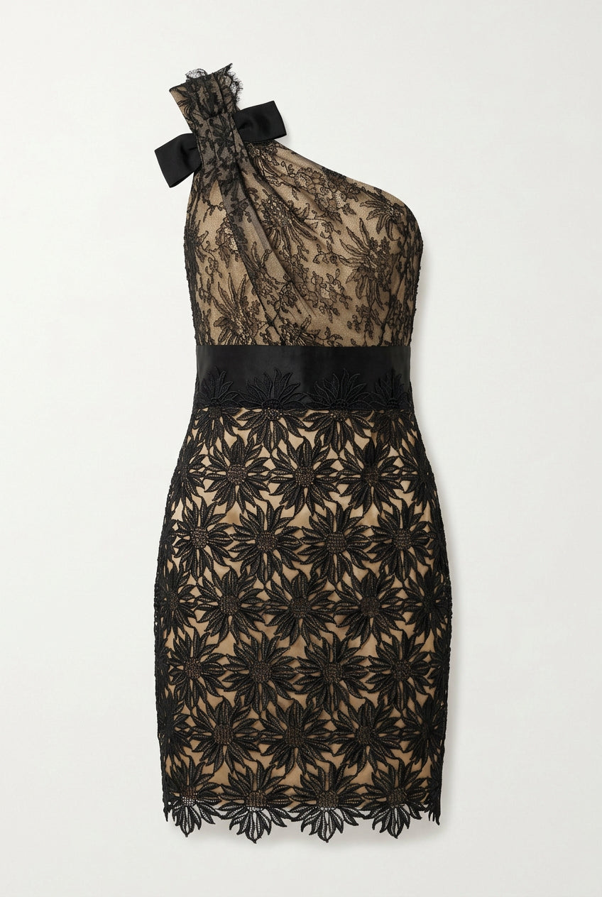 Valentino Black Guipure Lace One-Shoulder Cocktail Dress – Size 10 / IT 42