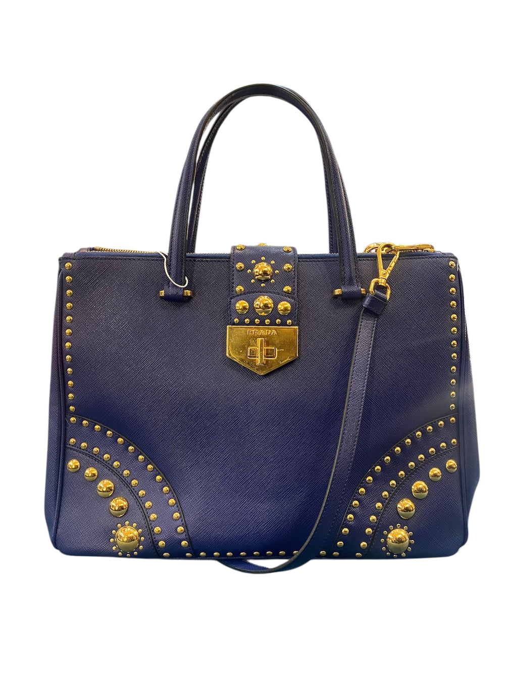 Prada Midnight Blue Leather Bag with Golden Pearls
