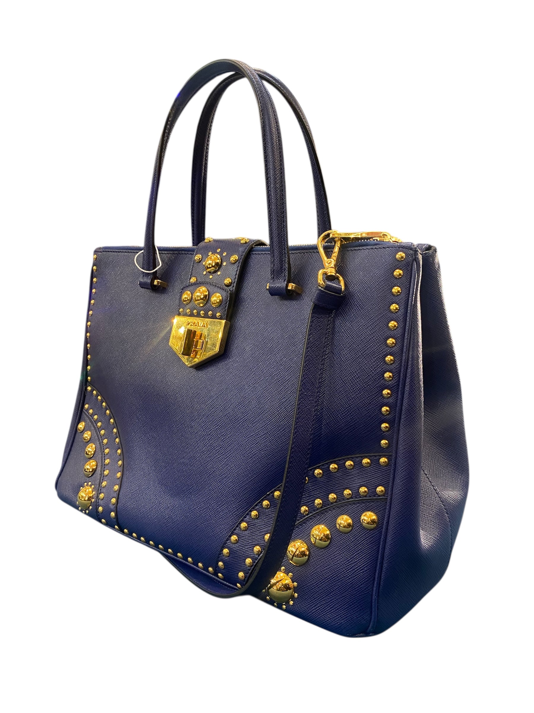 Prada Midnight Blue Leather Bag with Golden Pearls