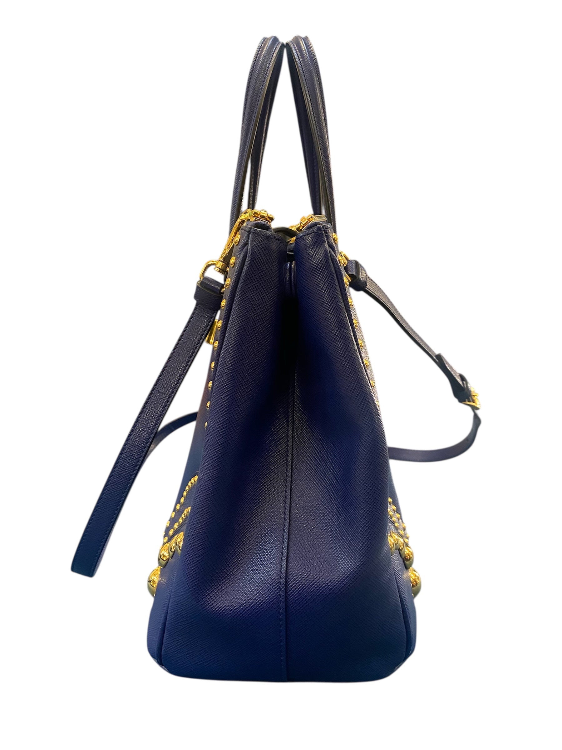 Prada Midnight Blue Leather Bag with Golden Pearls