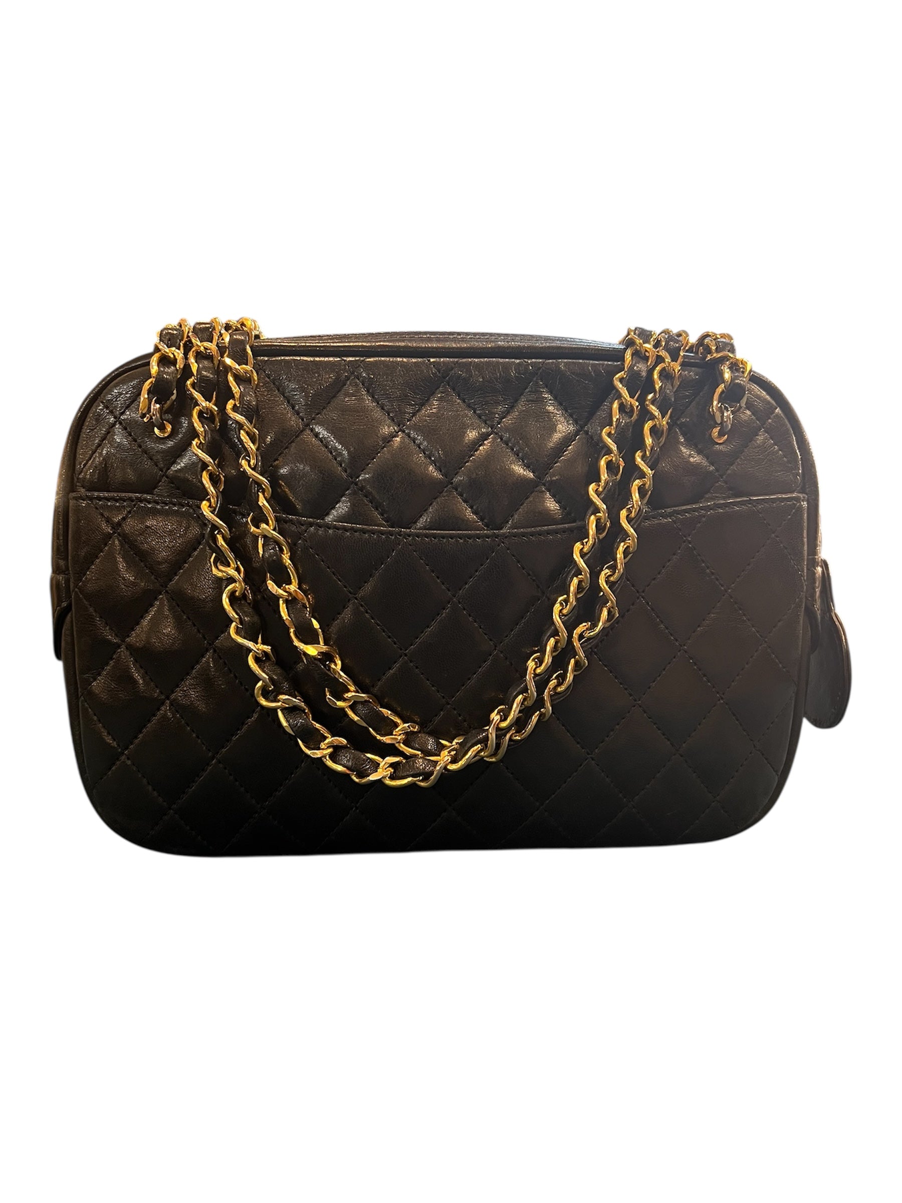 1989 Chanel Black Quilted Leather Shoulder Bag with Golden Chain