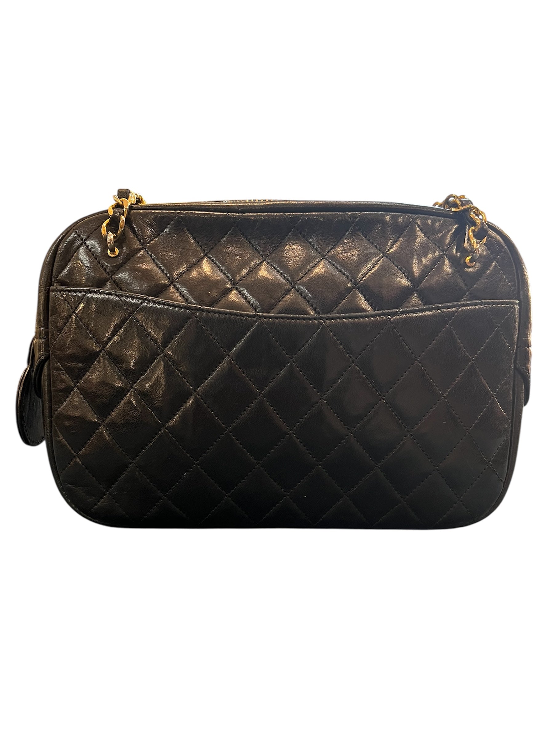 1989 Chanel Black Quilted Leather Shoulder Bag with Golden Chain