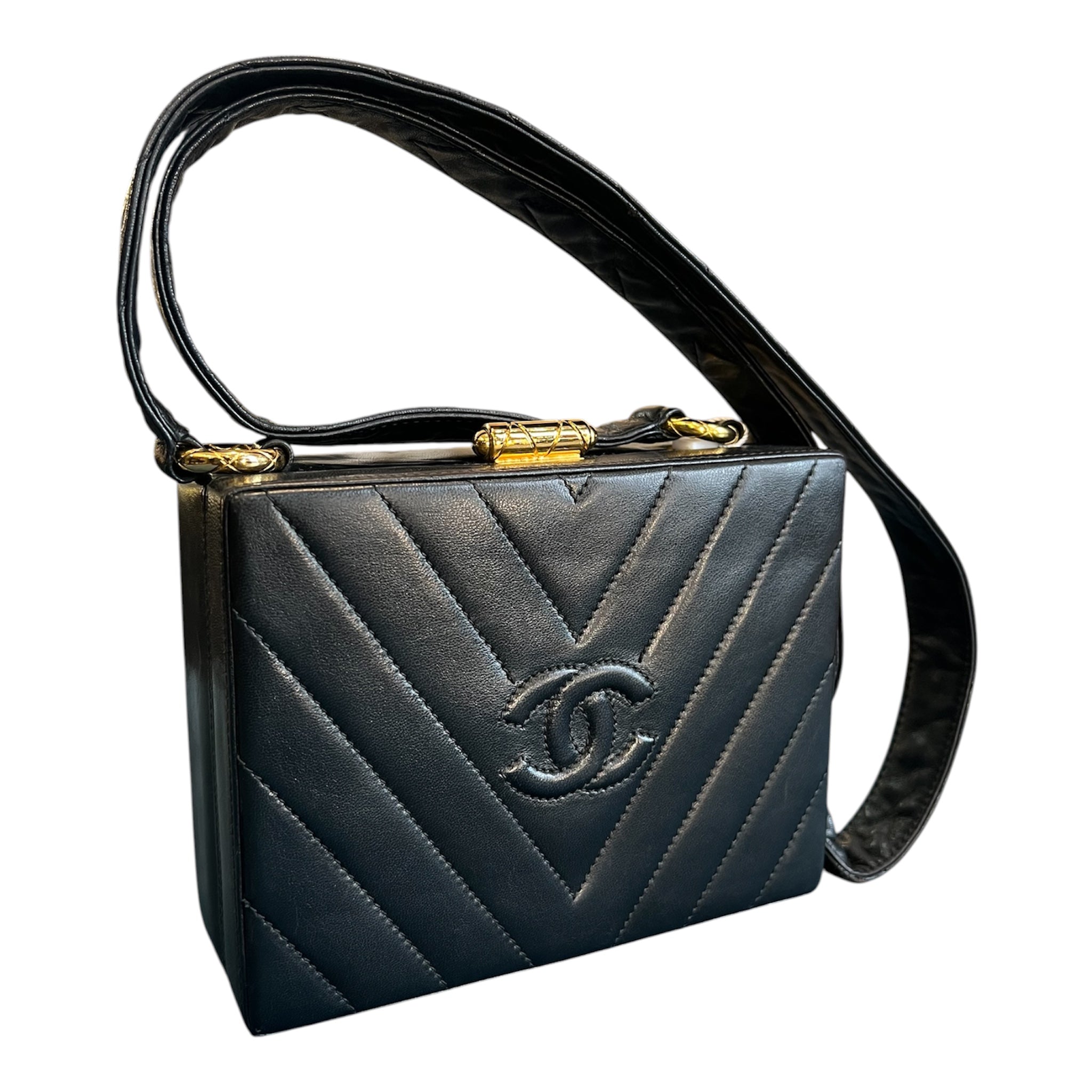 1991 Chanel CC Quilted Chevron Lambskin Box Crossbody Bag