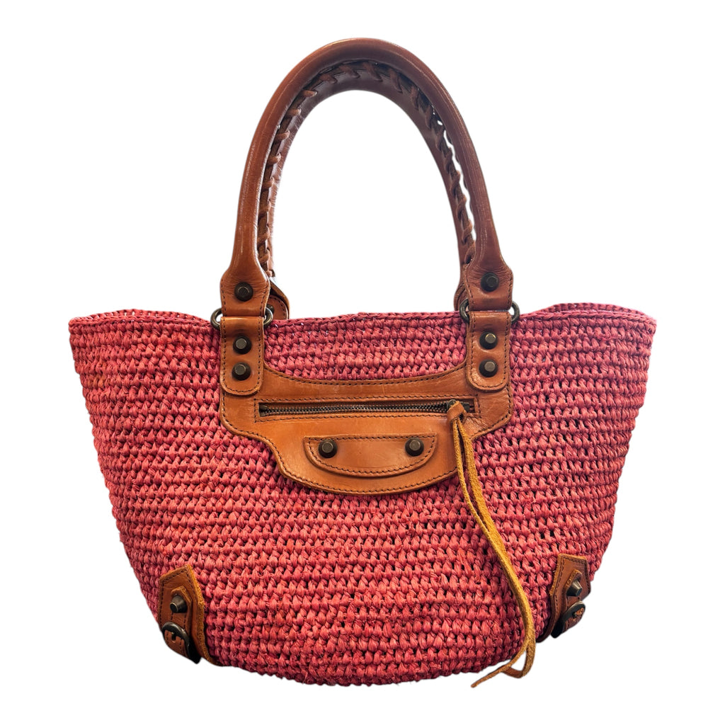 Balenciaga Pink Raffia and Brown Leather Handbag