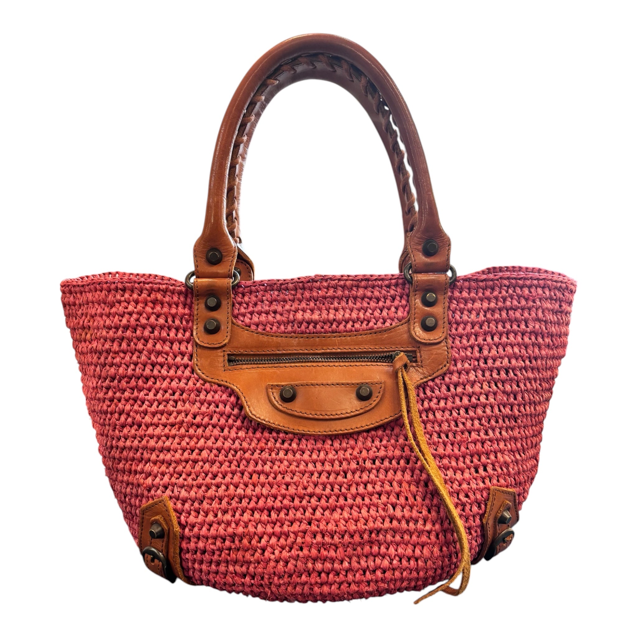 Balenciaga Pink Raffia and Brown Leather Handbag