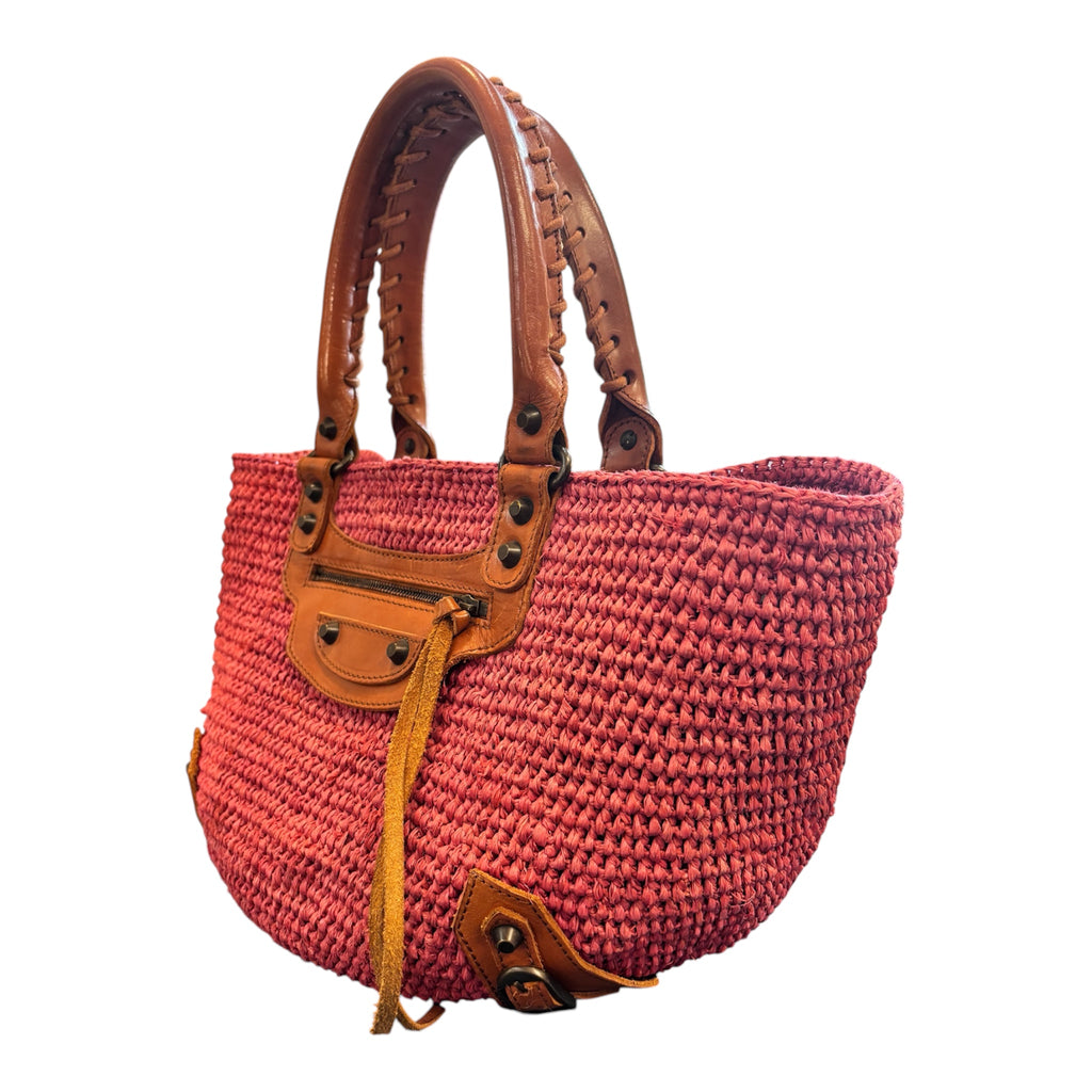 Balenciaga Pink Raffia and Brown Leather Handbag